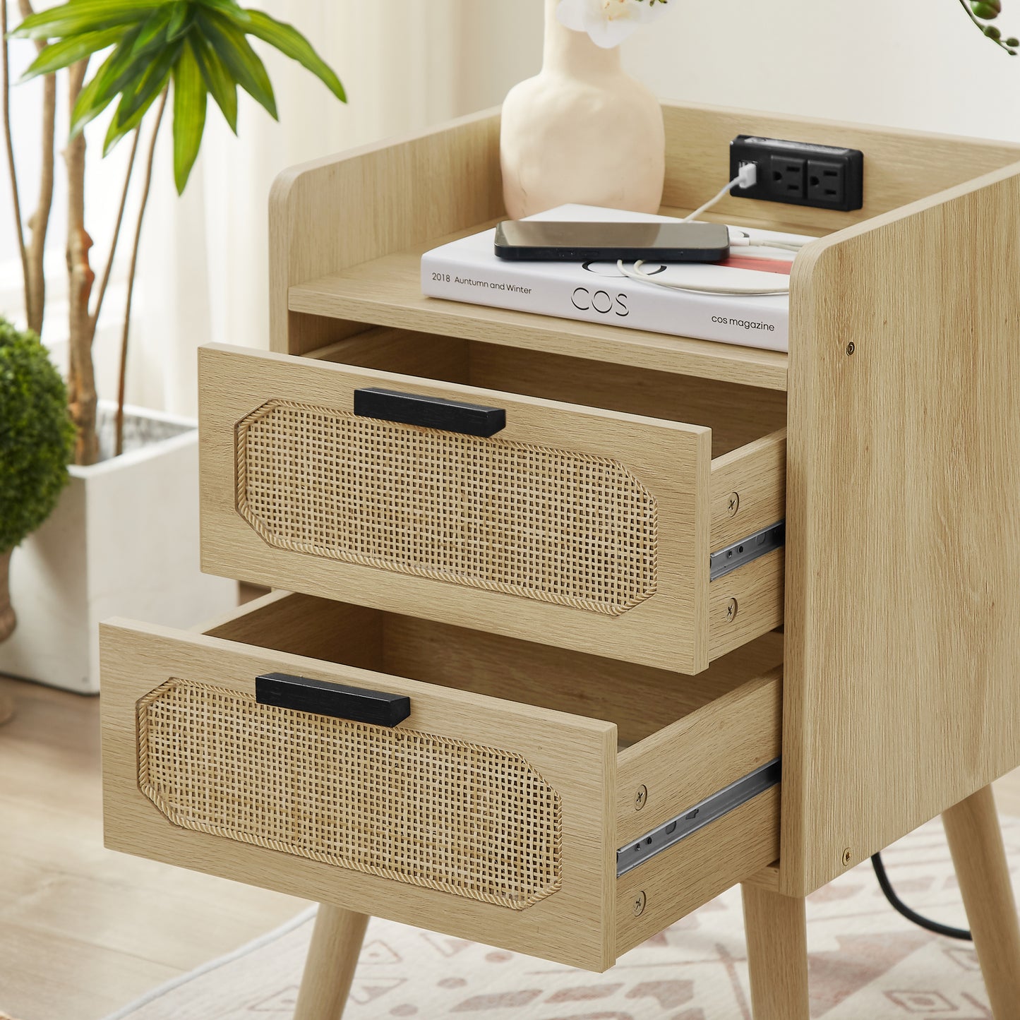 Natural and Handmade Rattan Nightstand with Socket Side Table