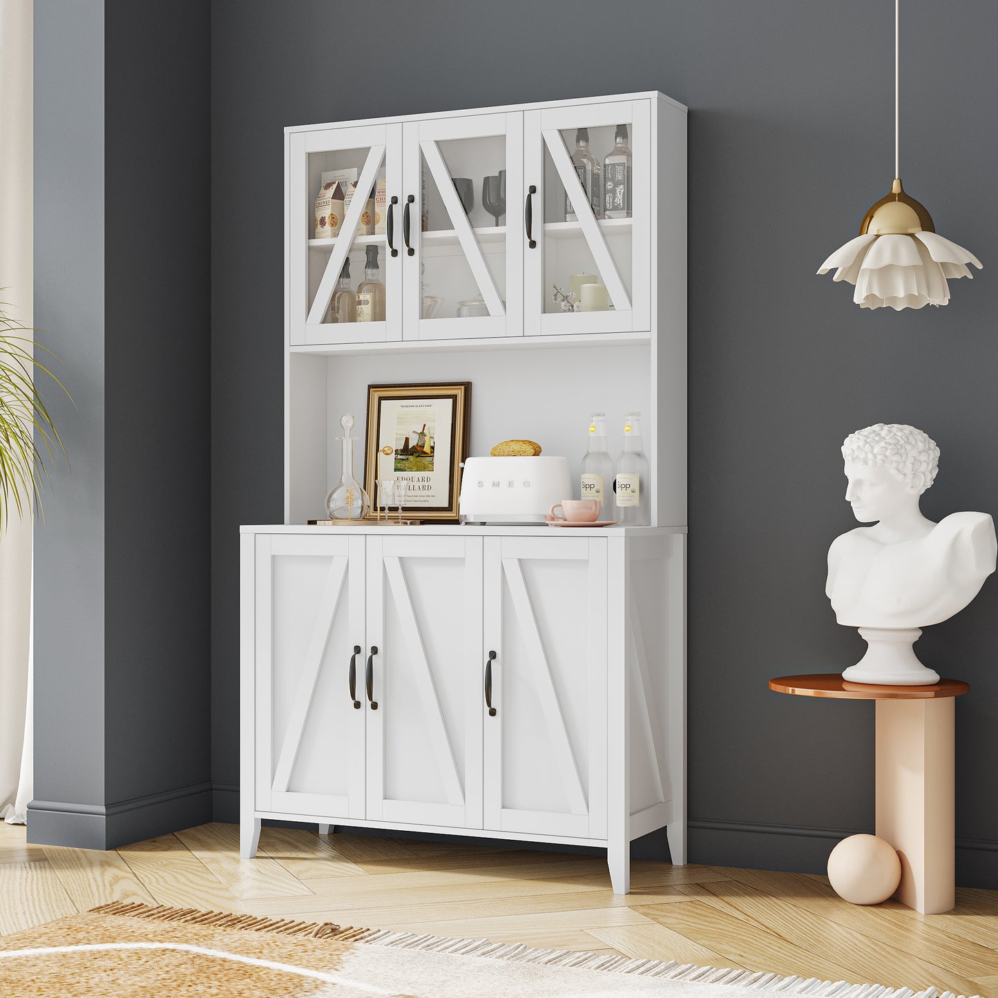 Large Kitchen Pantry Storage Cabinet with Glass Doors, Drawers & Open Shelves, Freestanding Kitchen Cupboard Buffet Cabinet for Living Room