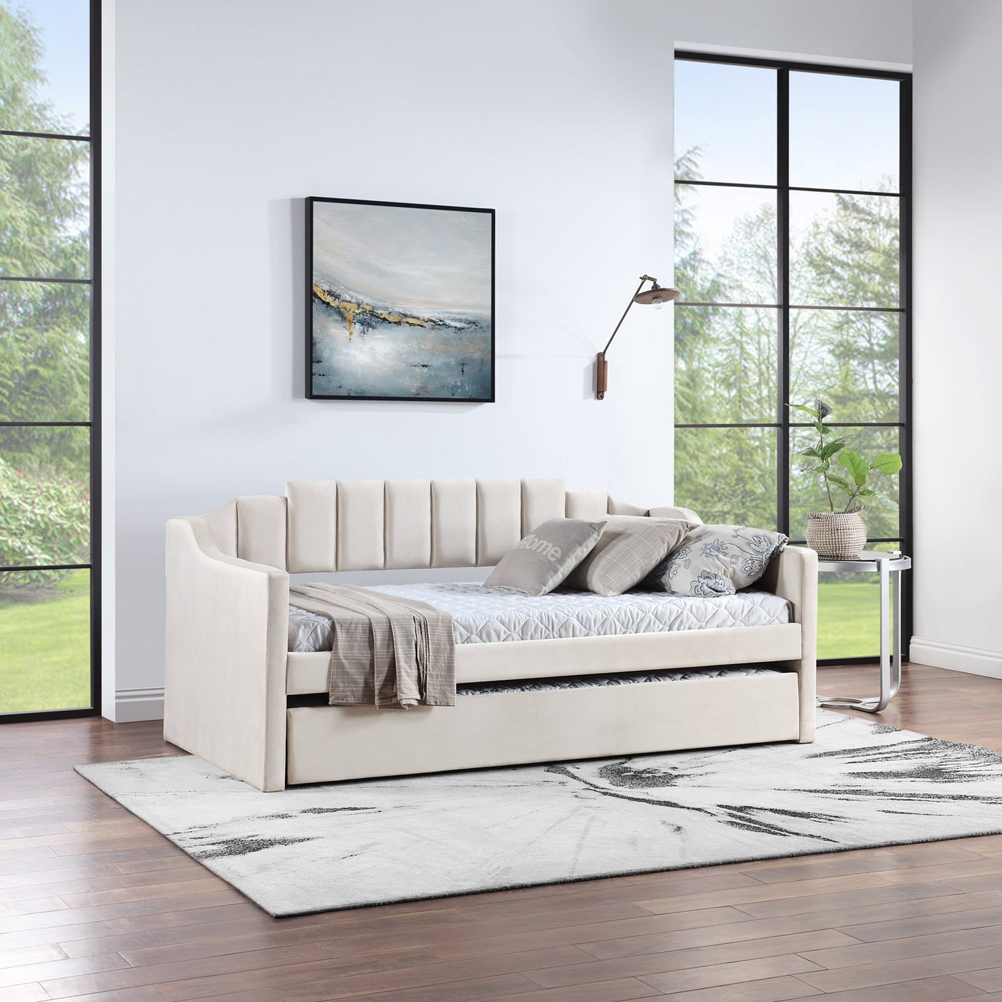 Velvet Daybed with Trundle Upholstered Tufted Sofa Bed, both Twin Size, Beige