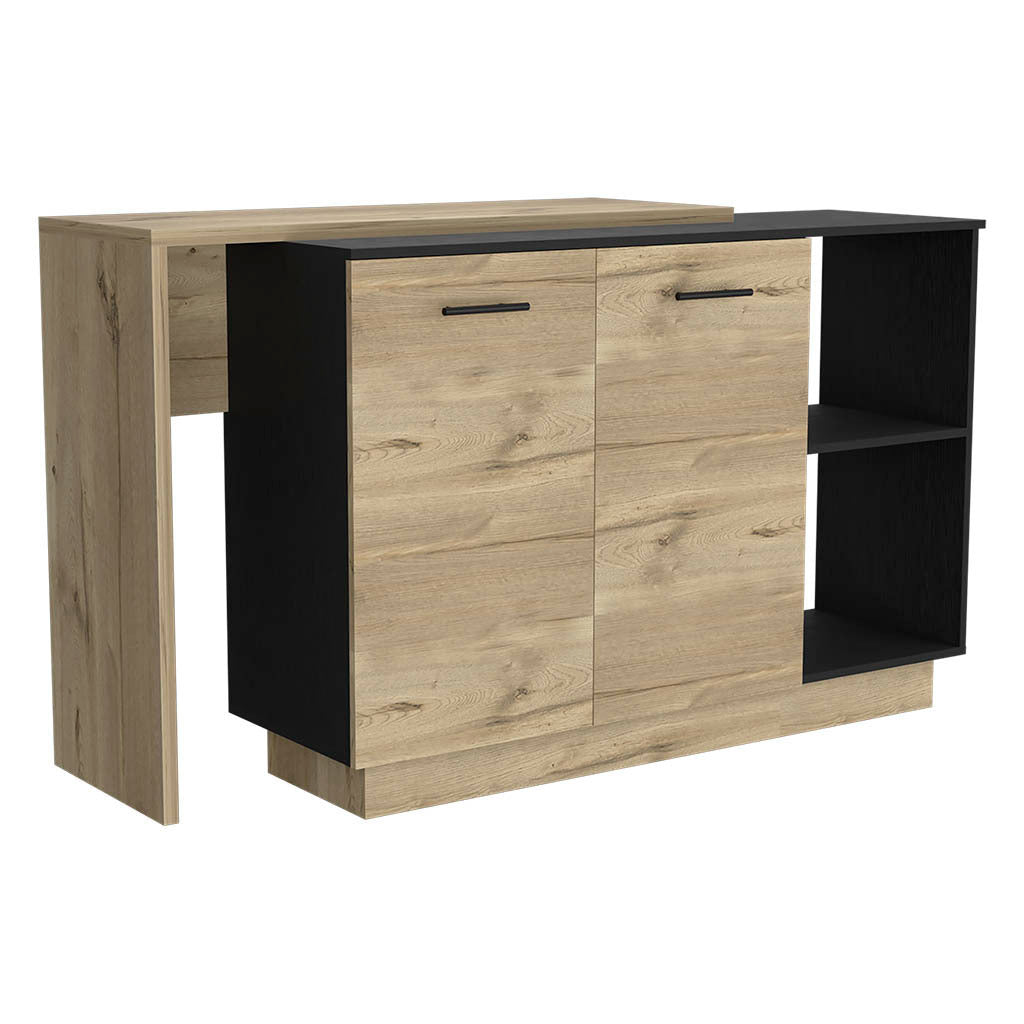 Sicilia Kitchen Island, Two External Shelves, Double Door Cabinets, Three Shelves -Black / Light Oak