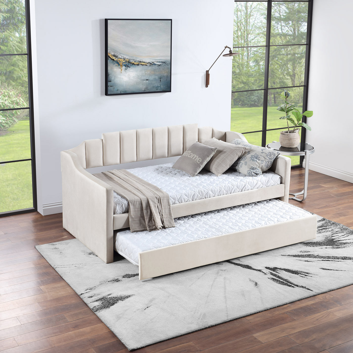 Velvet Daybed with Trundle Upholstered Tufted Sofa Bed, both Twin Size, Beige