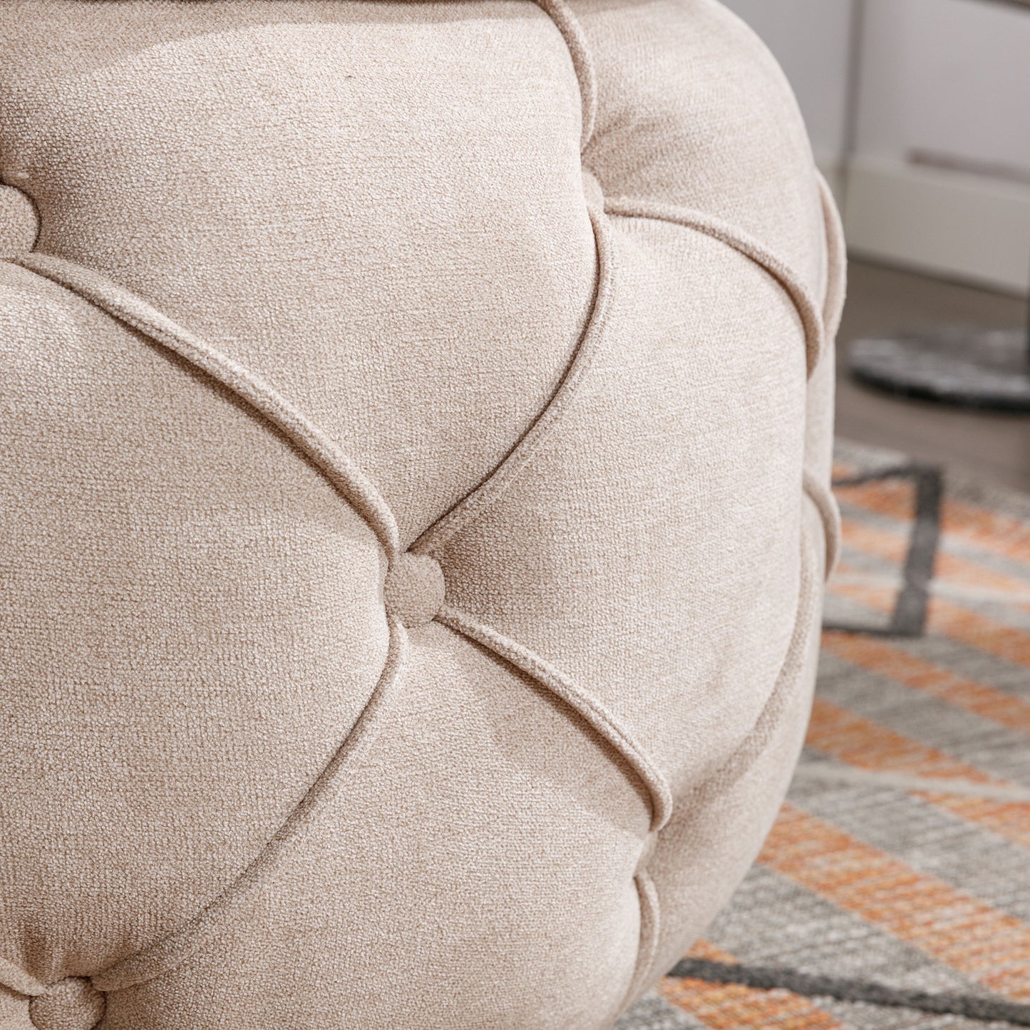 Laney Large Button Tufted Woven Round Storage Ottoman