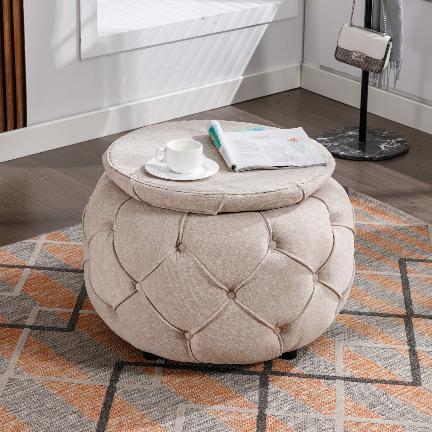 Laney Large Button Tufted Woven Round Storage Ottoman