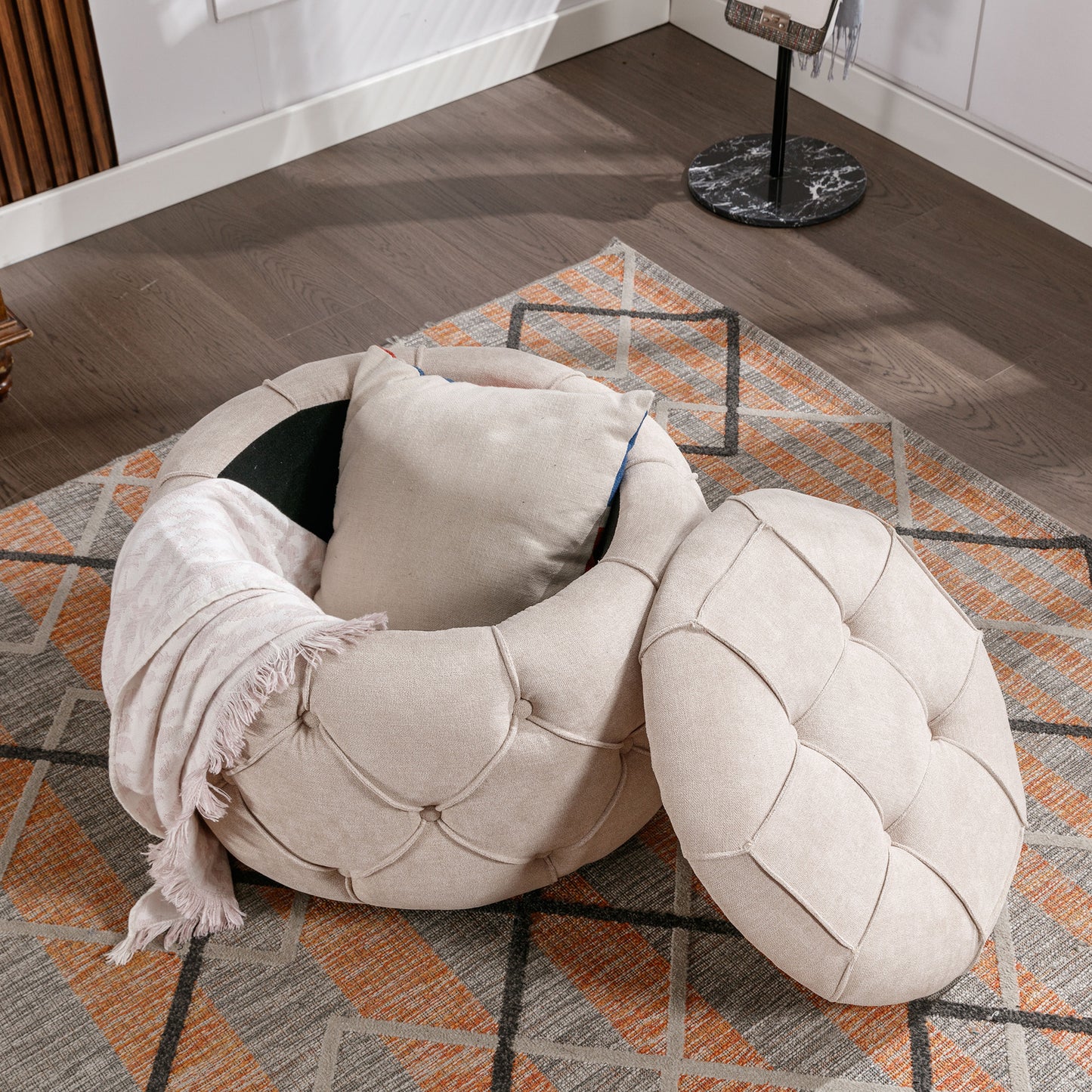 Laney Large Button Tufted Woven Round Storage Ottoman