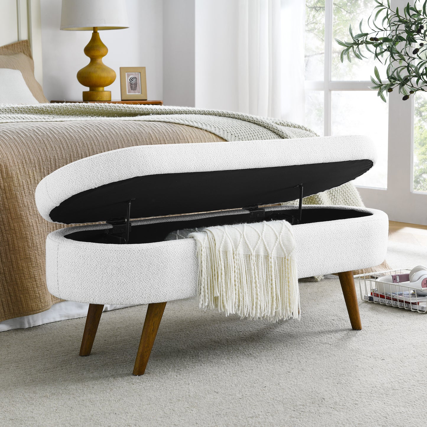 Isiris Ottoman Oval Storage Bench, Rubber Wood Legs, White(43.5“x16”x16“)