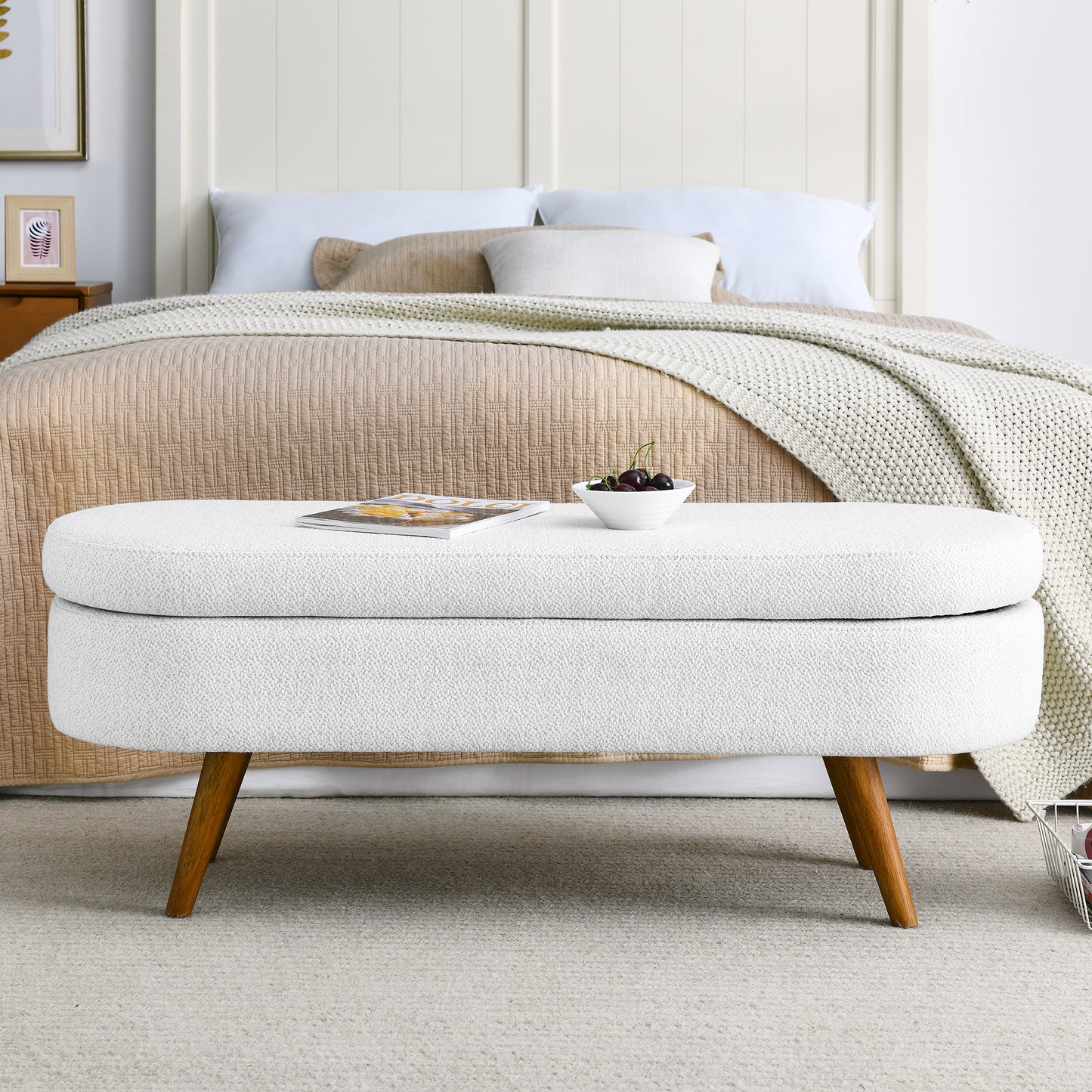 Isiris Ottoman Oval Storage Bench, Rubber Wood Legs, White(43.5“x16”x16“)