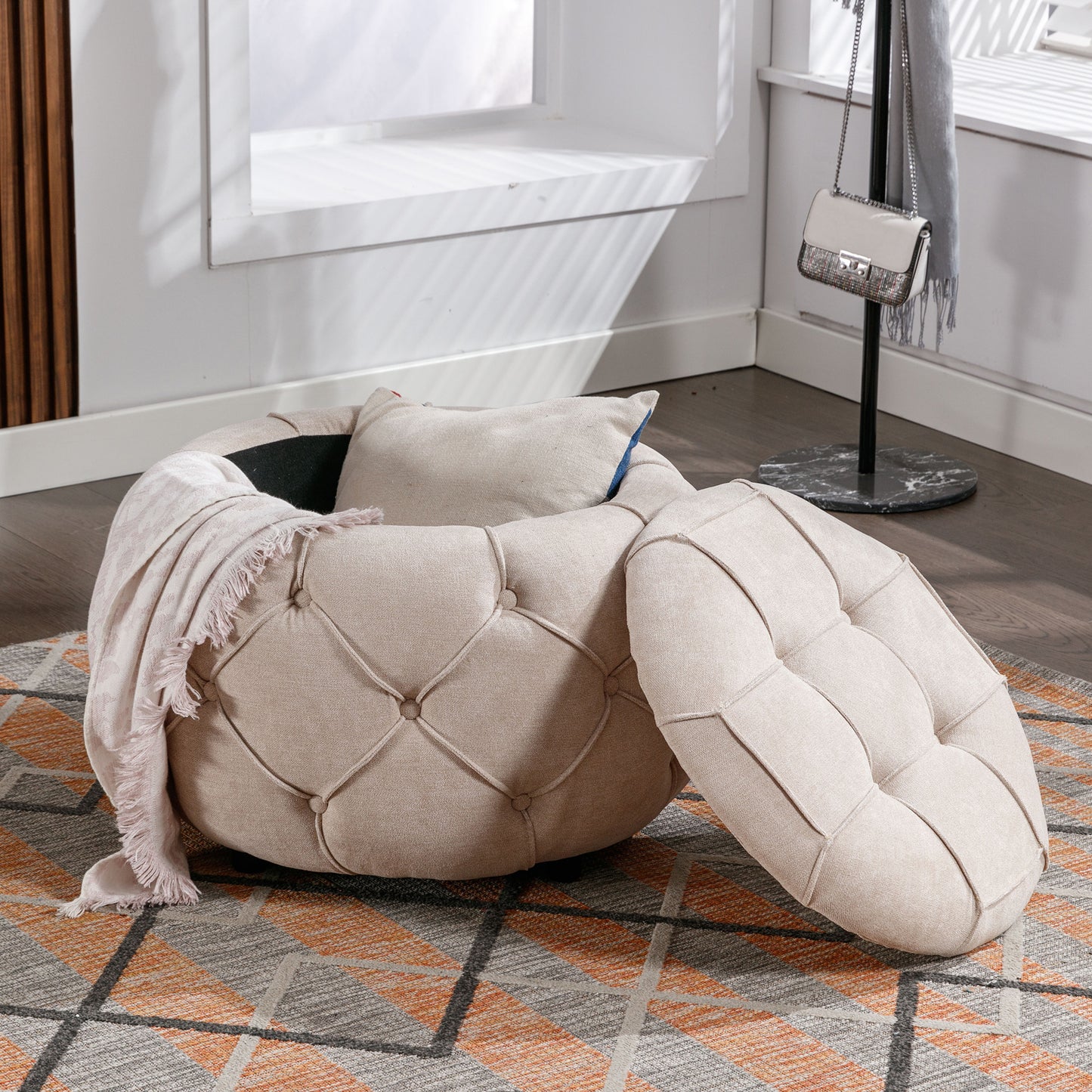 Laney Large Button Tufted Woven Round Storage Ottoman
