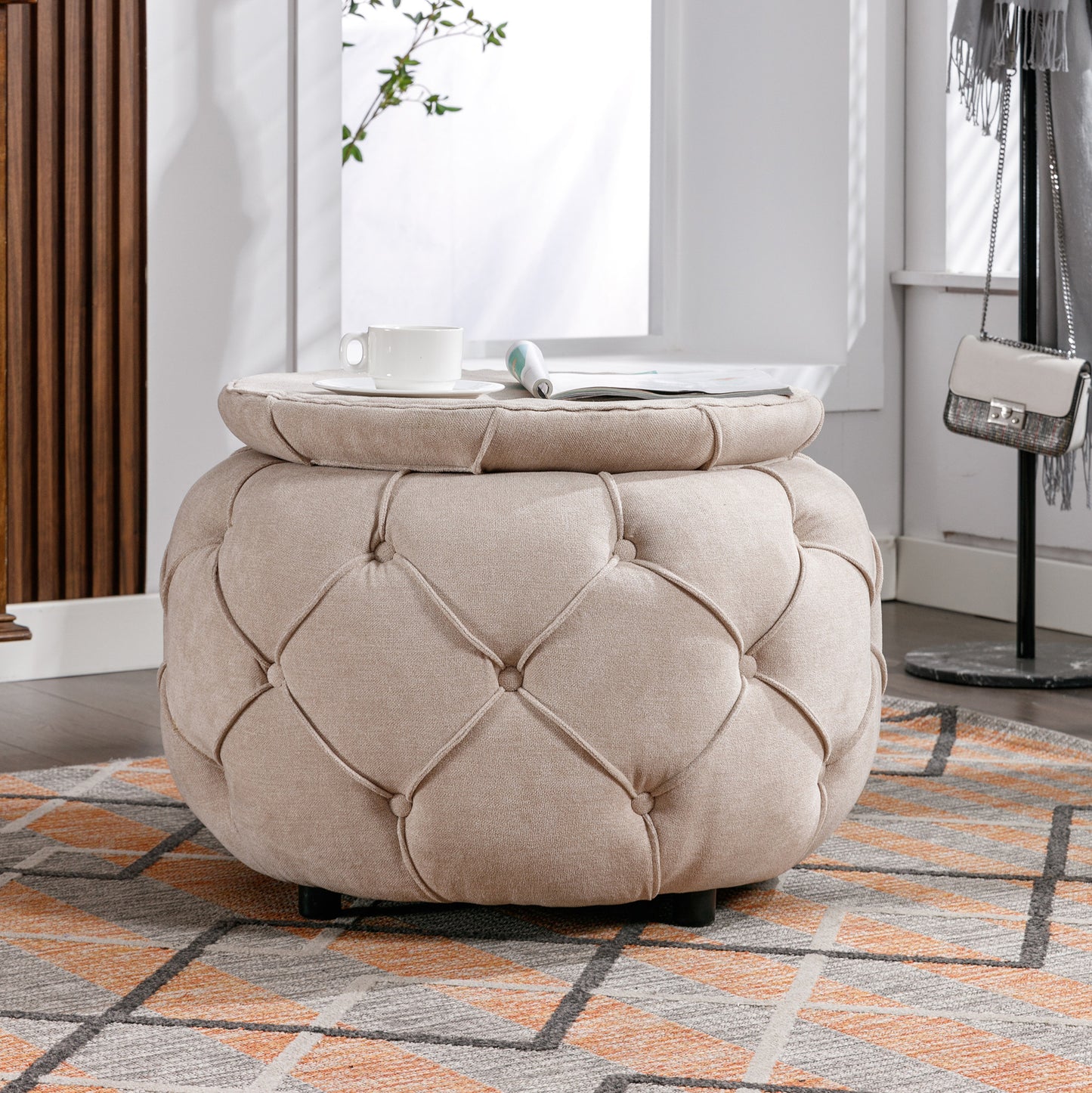 Laney Large Button Tufted Woven Round Storage Ottoman