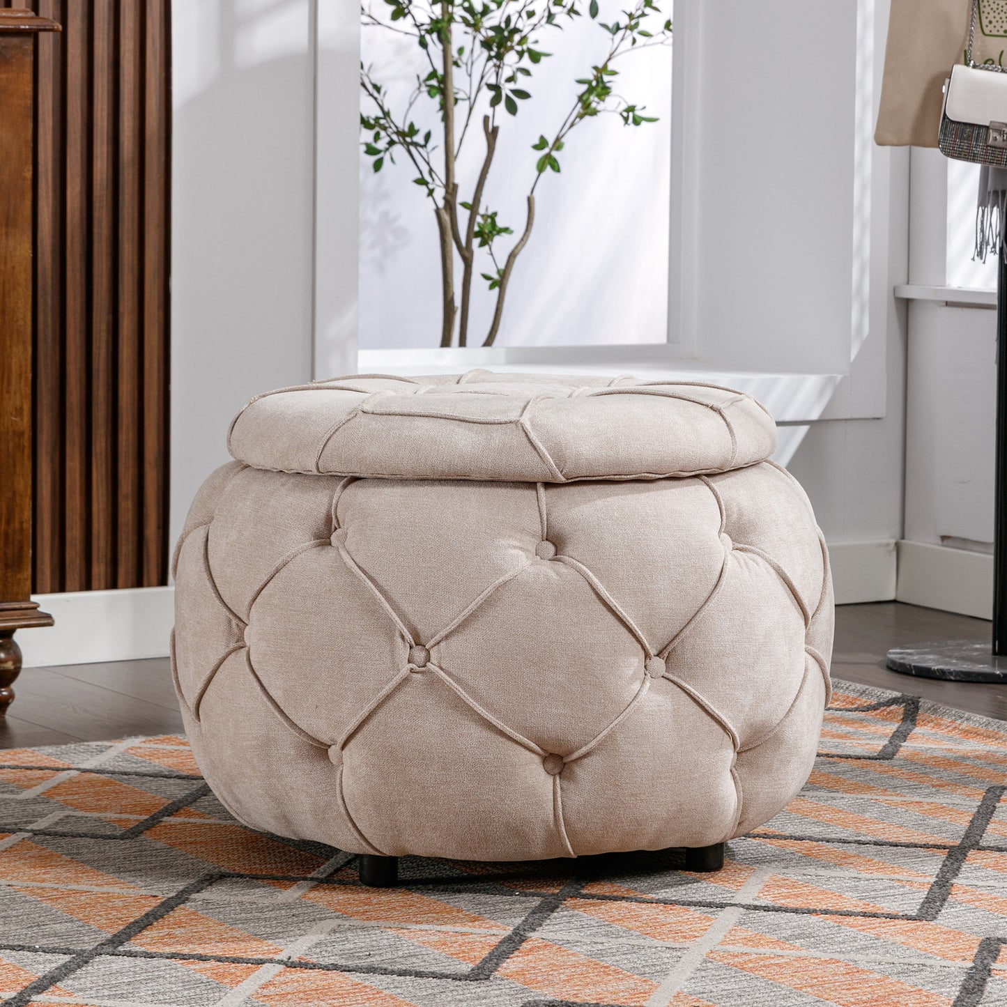 Laney Large Button Tufted Woven Round Storage Ottoman