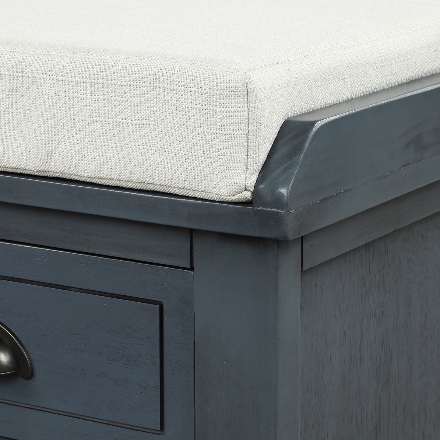 Rustic Storage Bench with 3 Drawers and 3 Rattan Baskets, Antique Navy