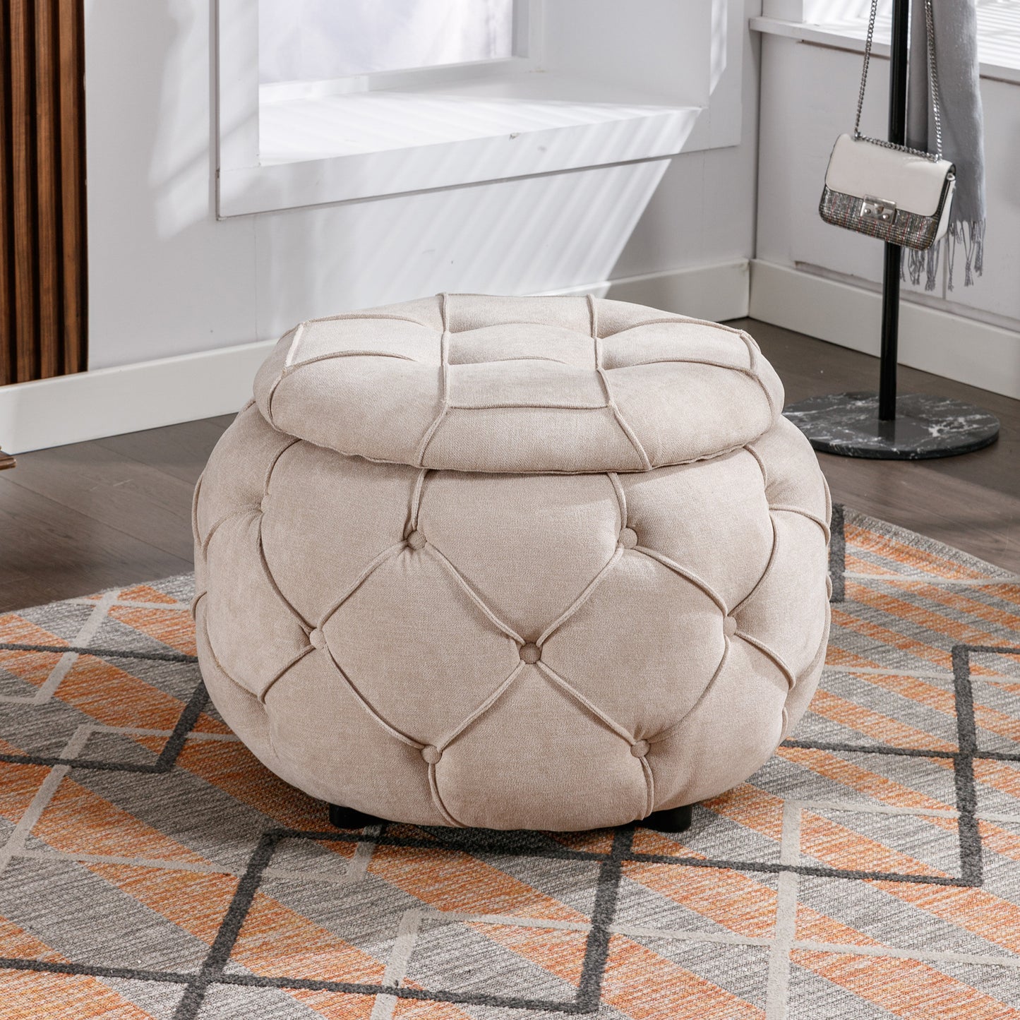 Laney Large Button Tufted Woven Round Storage Ottoman