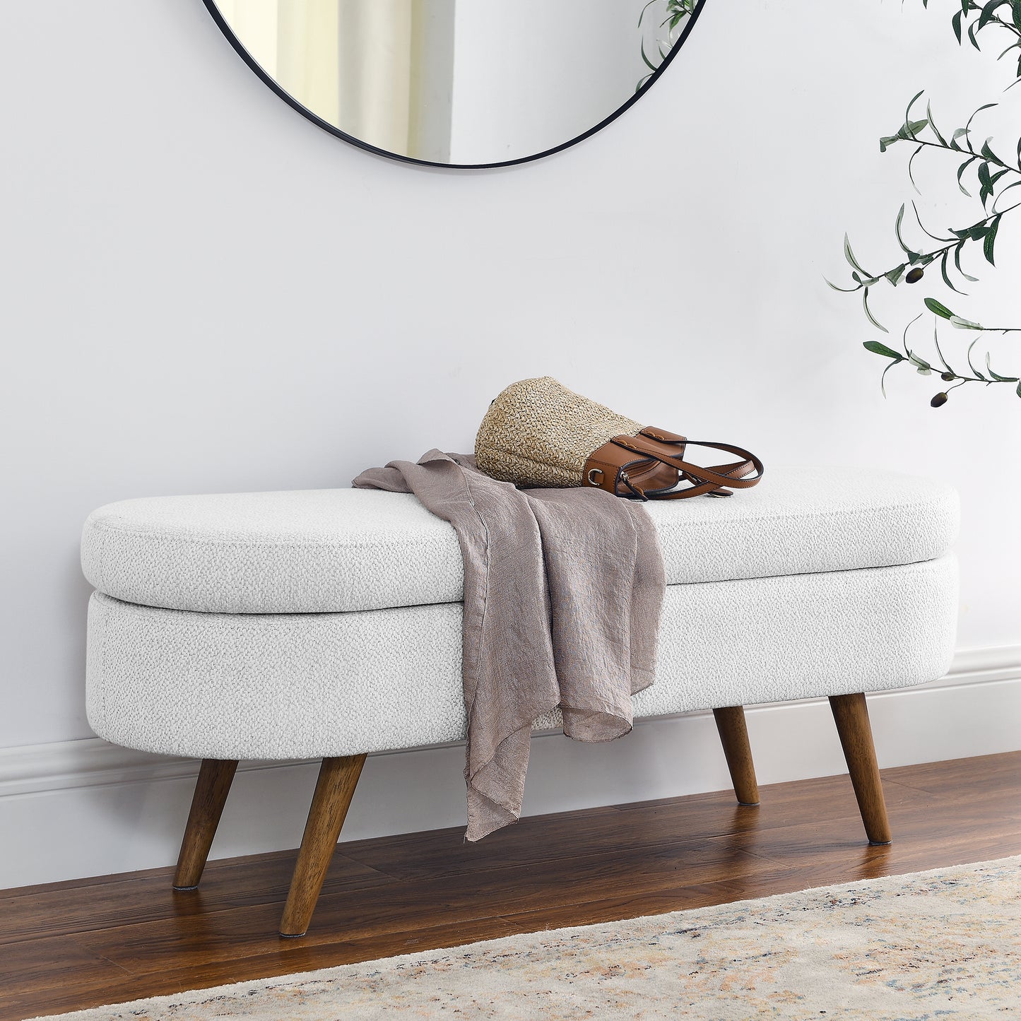 Isiris Ottoman Oval Storage Bench, Rubber Wood Legs, White(43.5“x16”x16“)