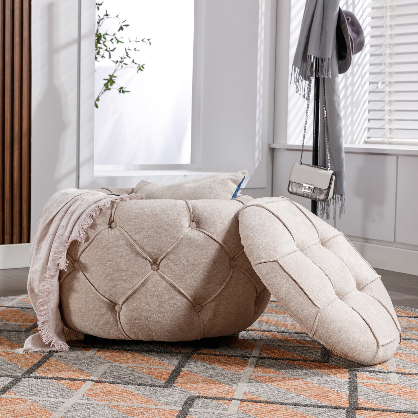Laney Large Button Tufted Woven Round Storage Ottoman