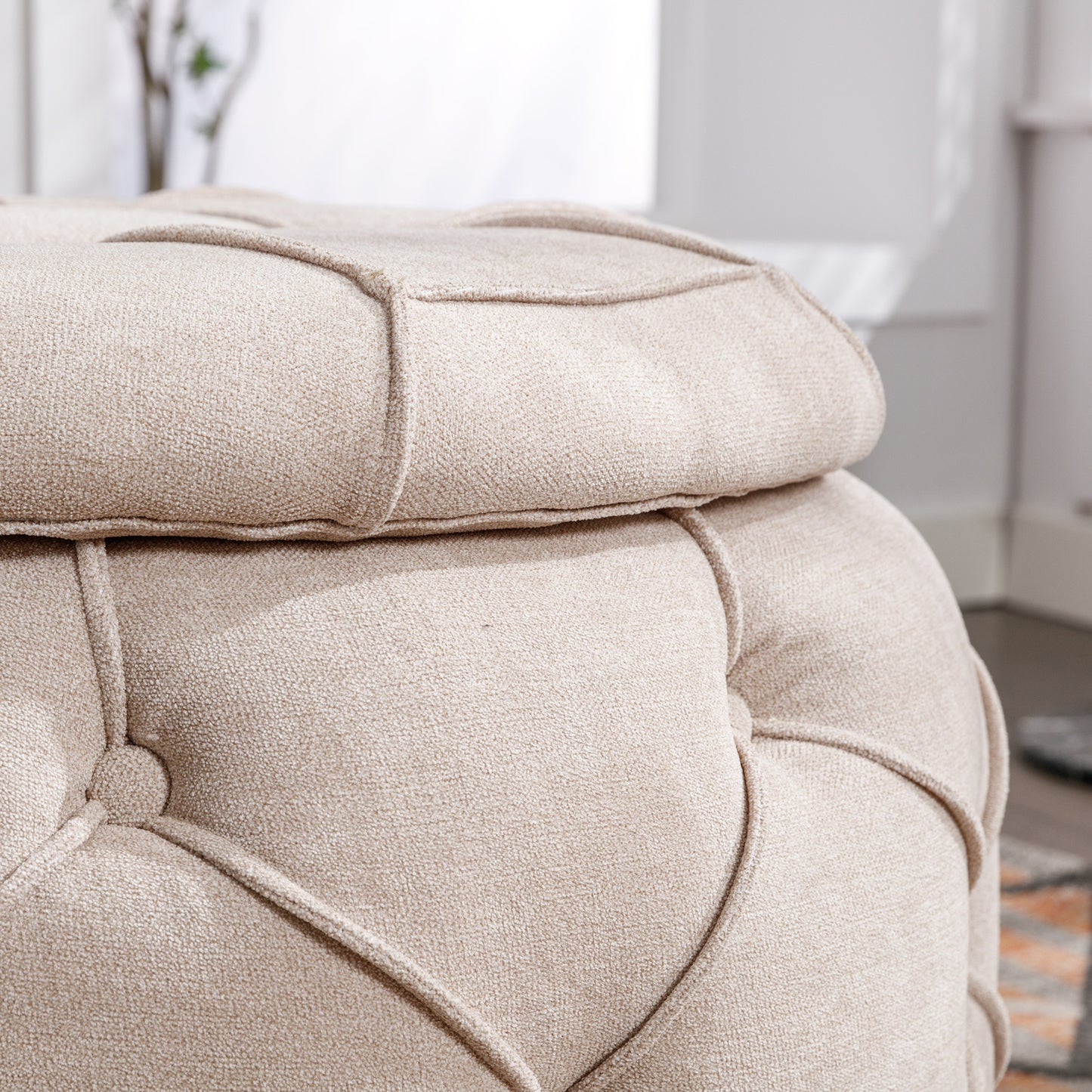 Laney Large Button Tufted Woven Round Storage Ottoman