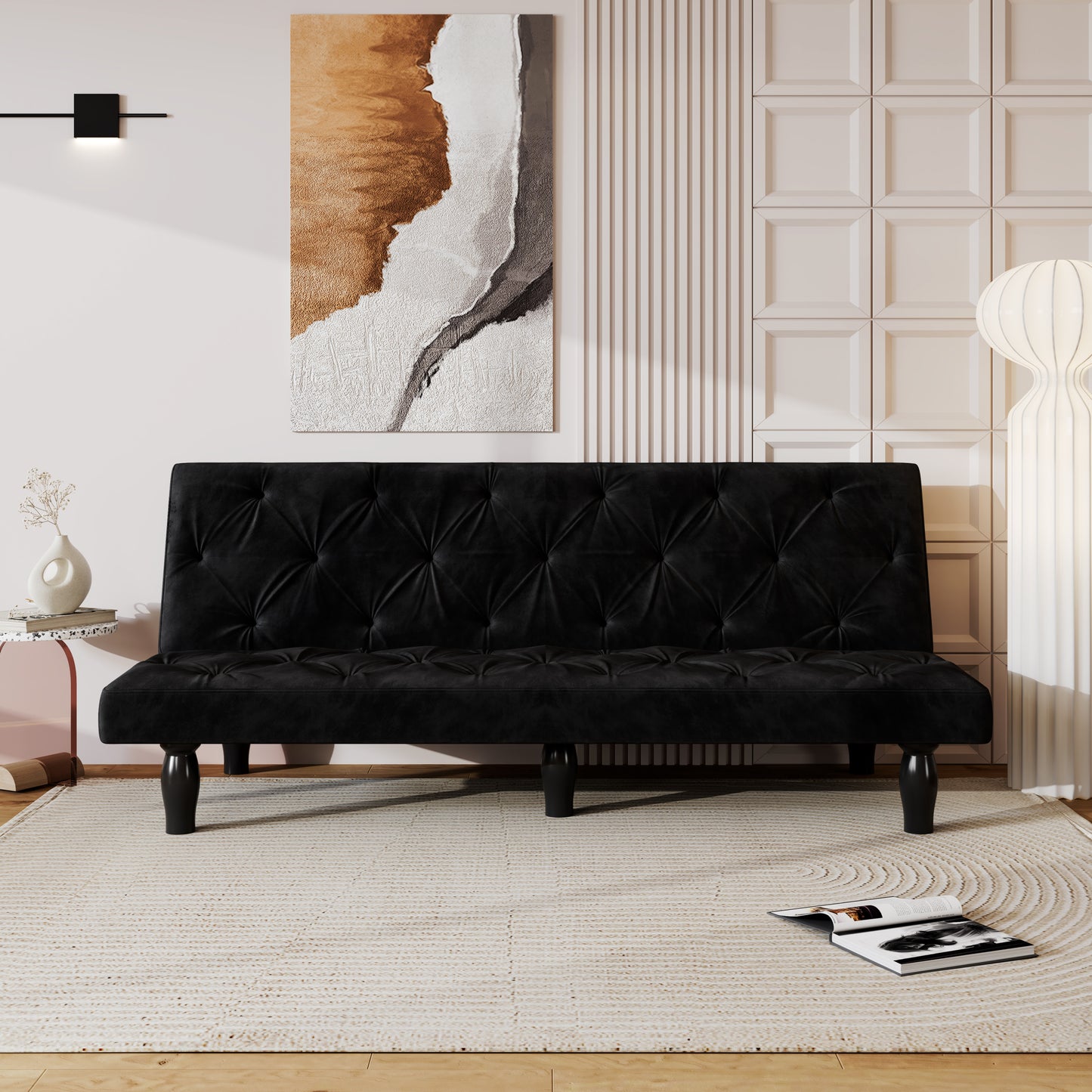 66" Black Velvet Convertible Sofa Bed