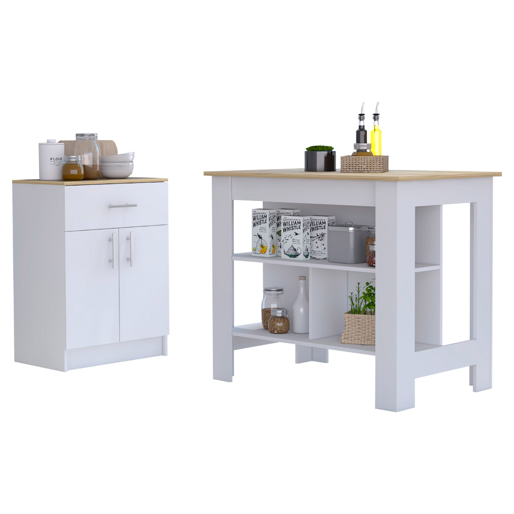 California 2 Piece Kitchen Set, Delos Kitchen Island + Barbados Pantry Cabinet , White /Light Oak