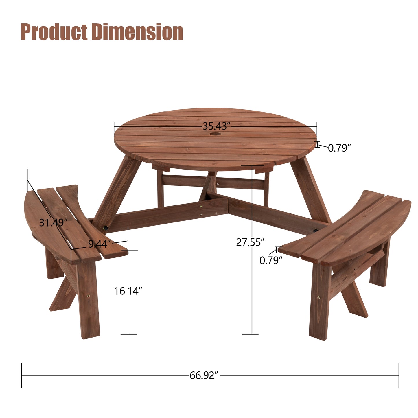 6 Person Circular Outdoor Wooden Picnic Table w/ 3 Built-in Benches for Patio