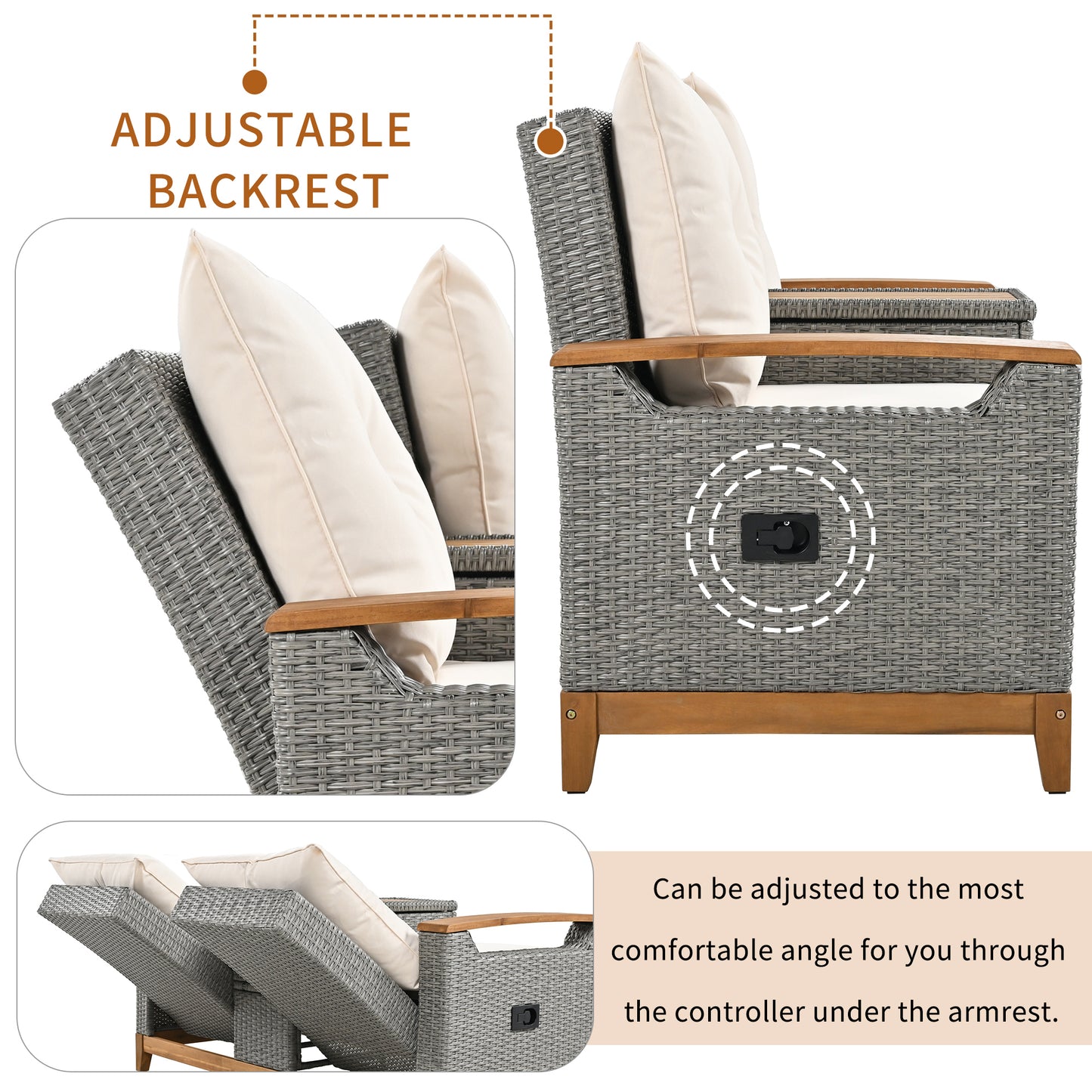 U_Style Outdoor Comfort Adjustable Loveseat,Armrest With Storage Space With 2 Colors,Suitable For Courtyards, Swimming Pools And Balconies, etc.