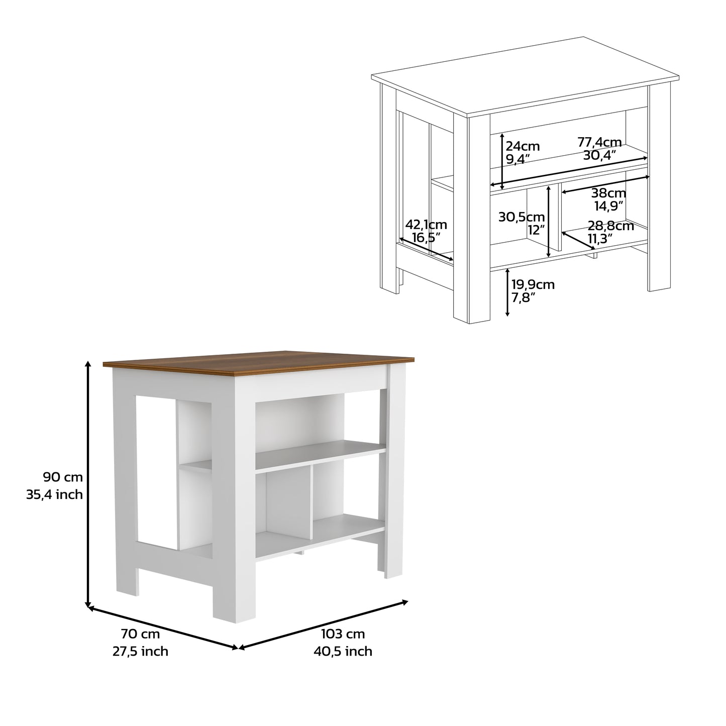 Kitchen Island Dozza, Three Shelves, White / Walnut Finish