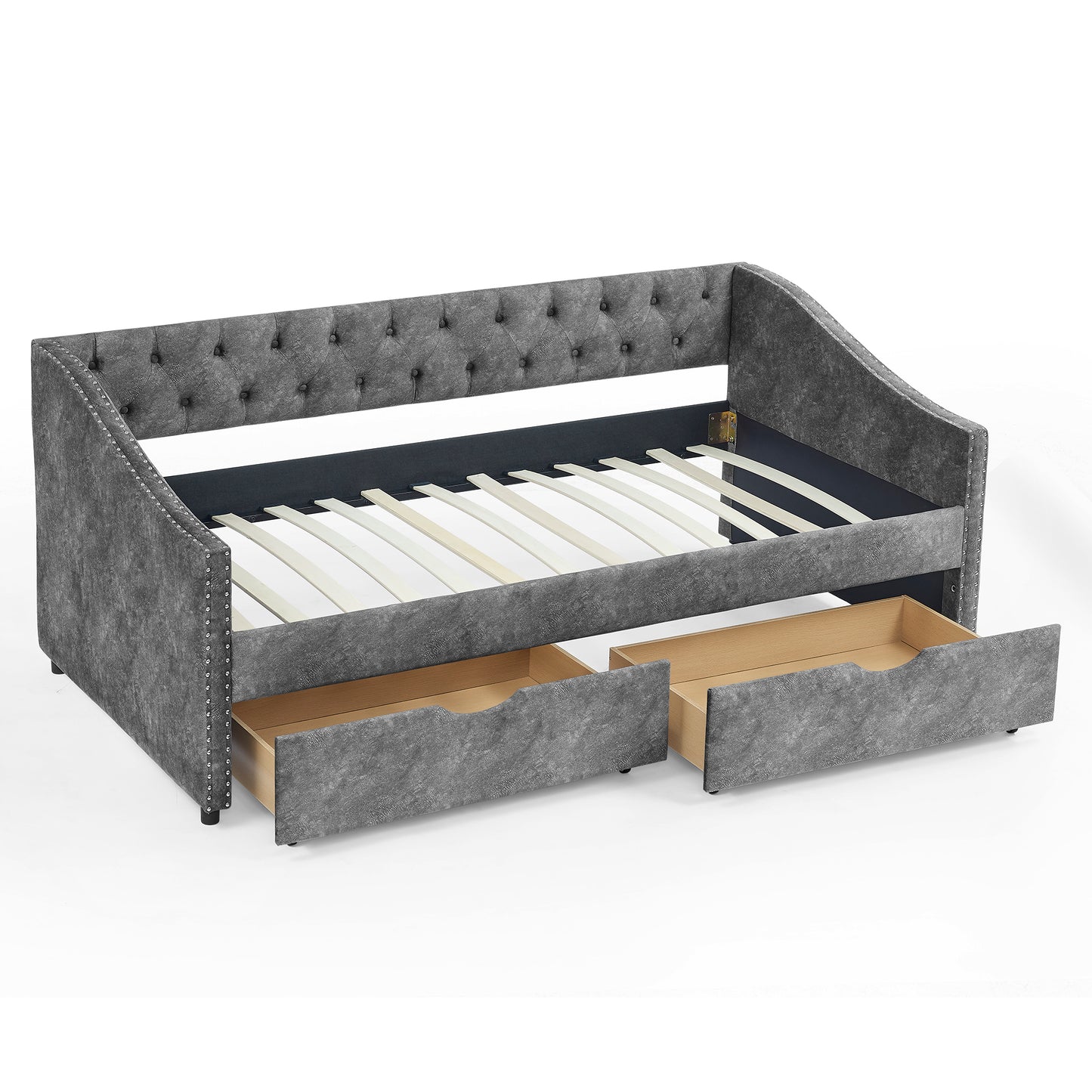 Twin Size Daybed with Drawers Upholstered Tufted Sofa Bed, with Button on Back and Copper Nail on Waved Shape Arms, Grey  (81.5''x4''x30.5'')