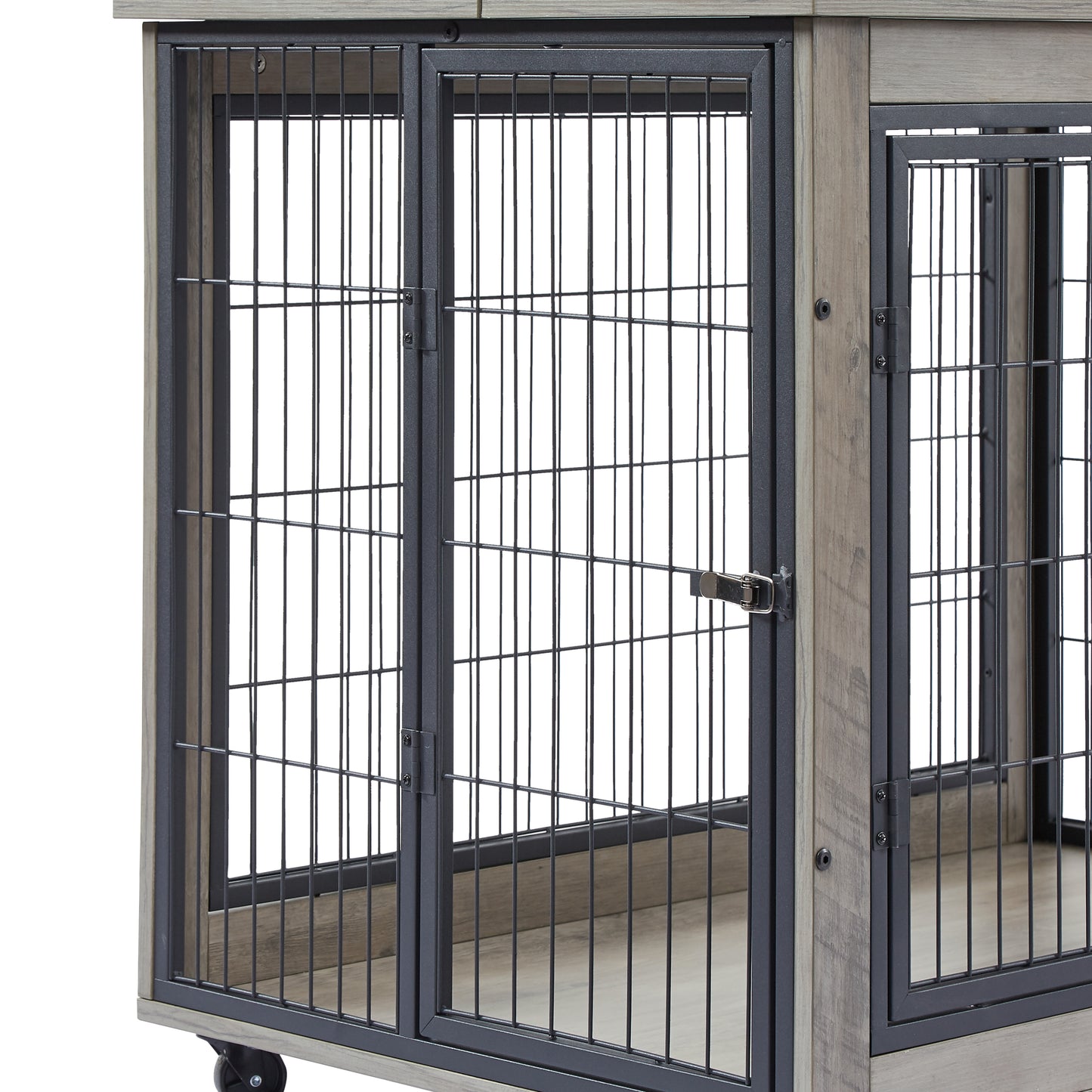Furniture Style Dog Crate Side Table on Wheels with Double Doors and Lift Top.（Grey,38.58’’w x 25.5’’d x 27.36’’h）