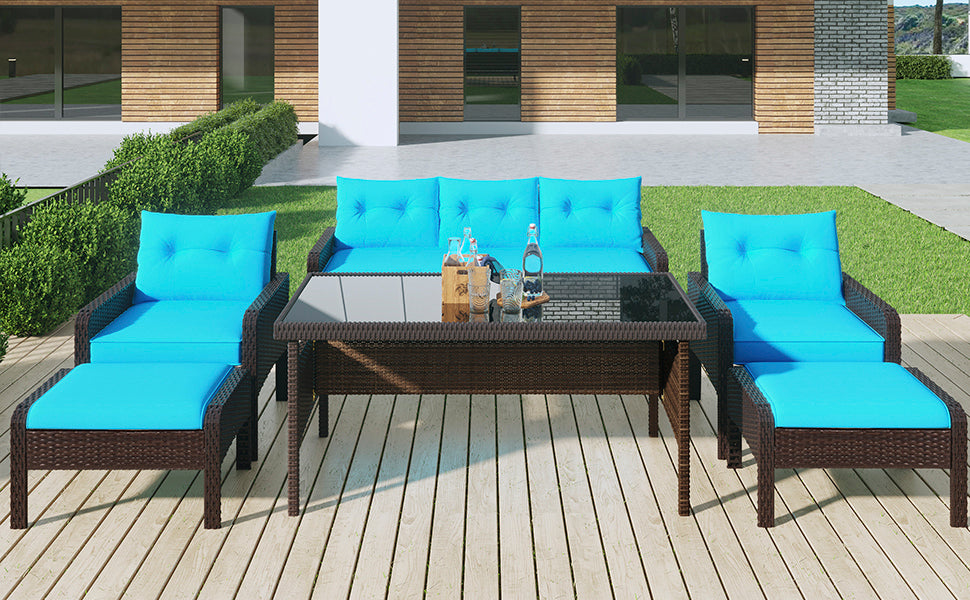 TOPMAX 6-Piece Outdoor Patio PE Wicker Rattan Sofa Set Dining Table Set with Removable Cushions and Tempered Glass Tea Table for Backyard, Poolside, Deck, Brown Wicker+Blue Cushion