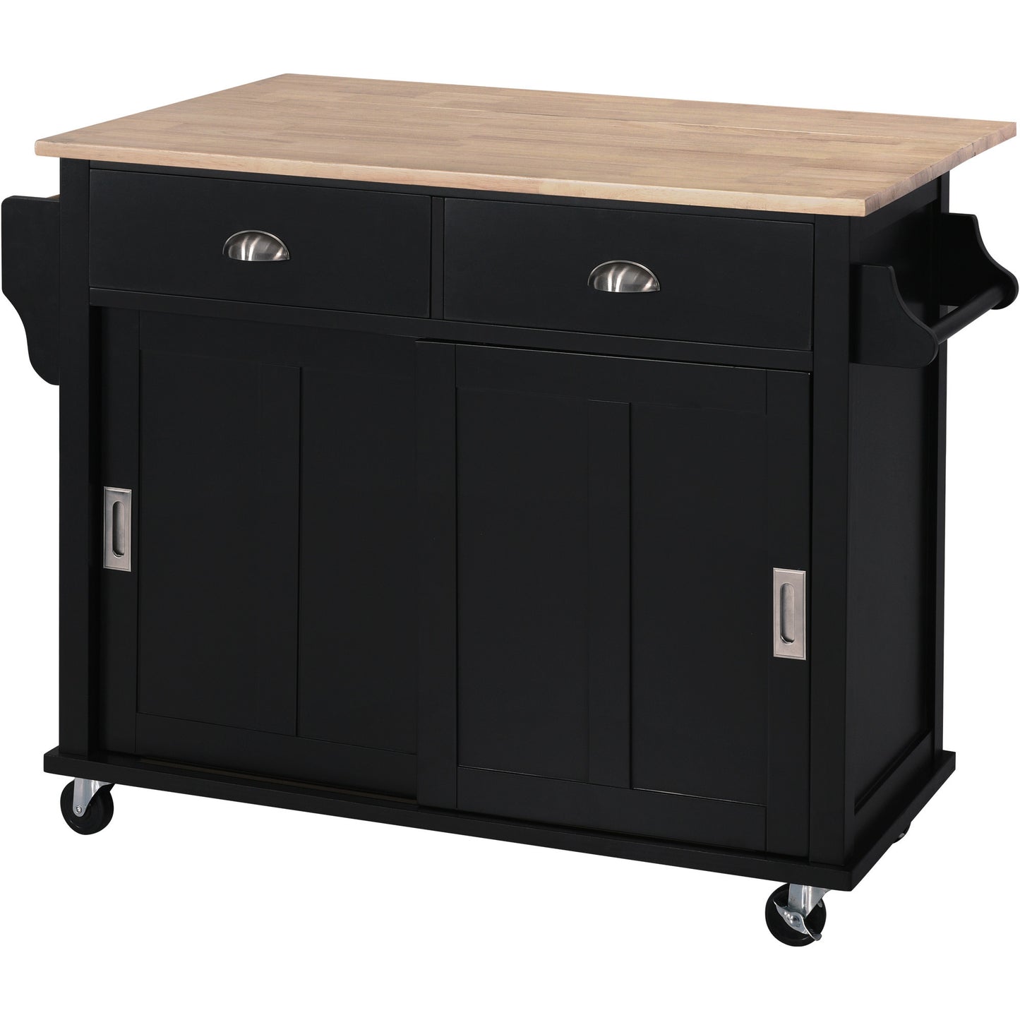 Kitchen Cart with Rubber wood Drop-Leaf Countertop, Concealed sliding barn door adjustable height,Kitchen Island on 4 Wheels with Storage Cabinet and 2 Drawers,L52.2xW30.5xH36.6 inch, Black