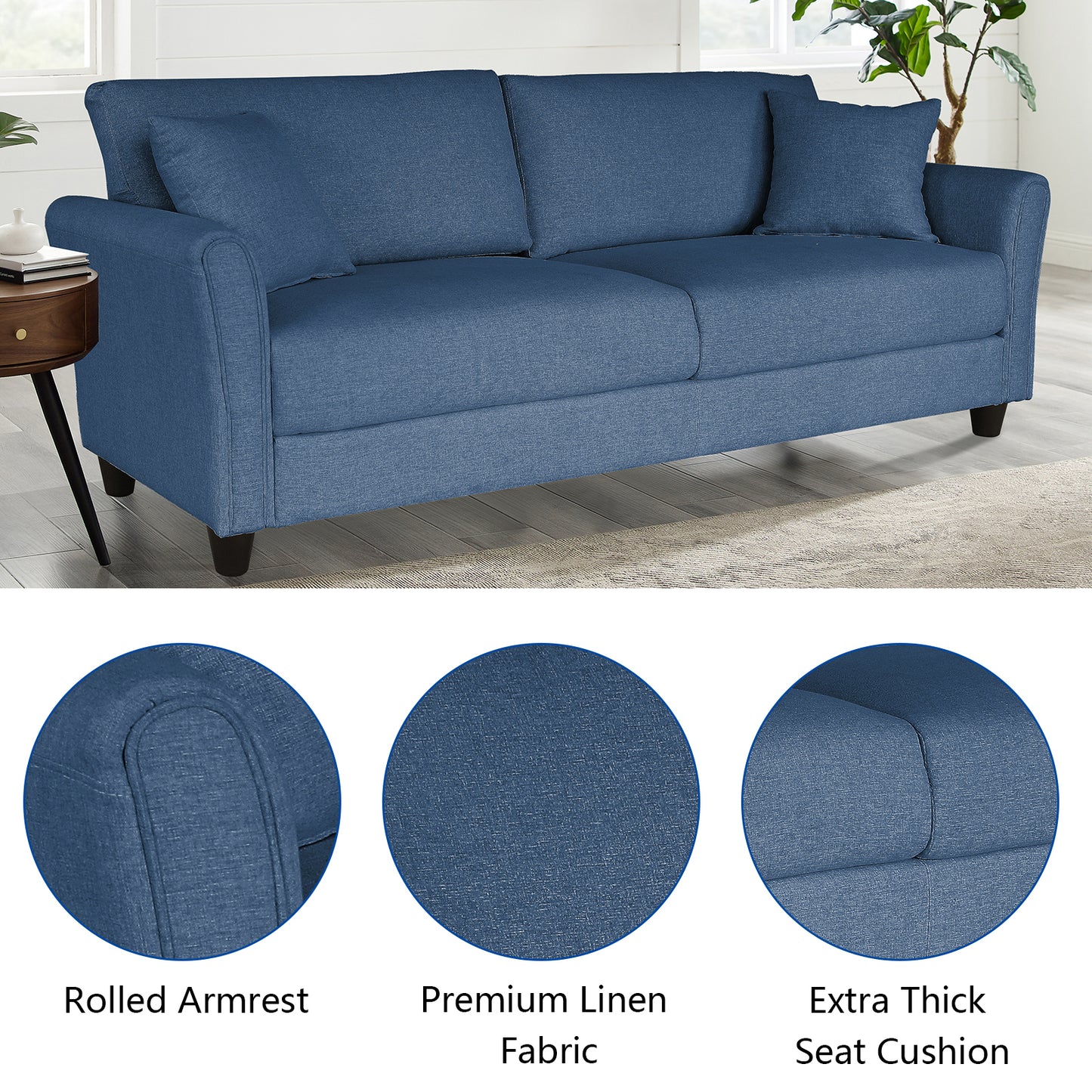 Blue three-seat sofa, linen