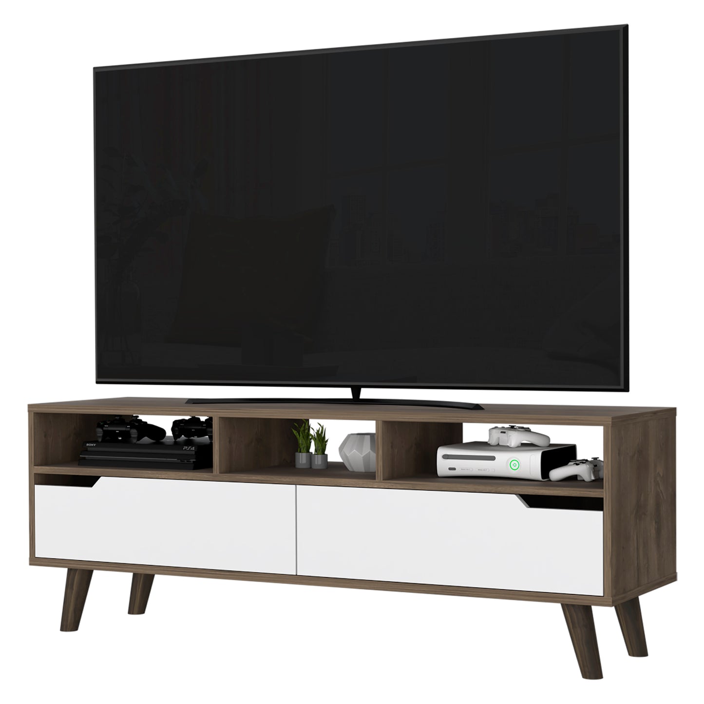 New Haven 2-Drawer 3-Shelf TV Stand Dark Walnut and White