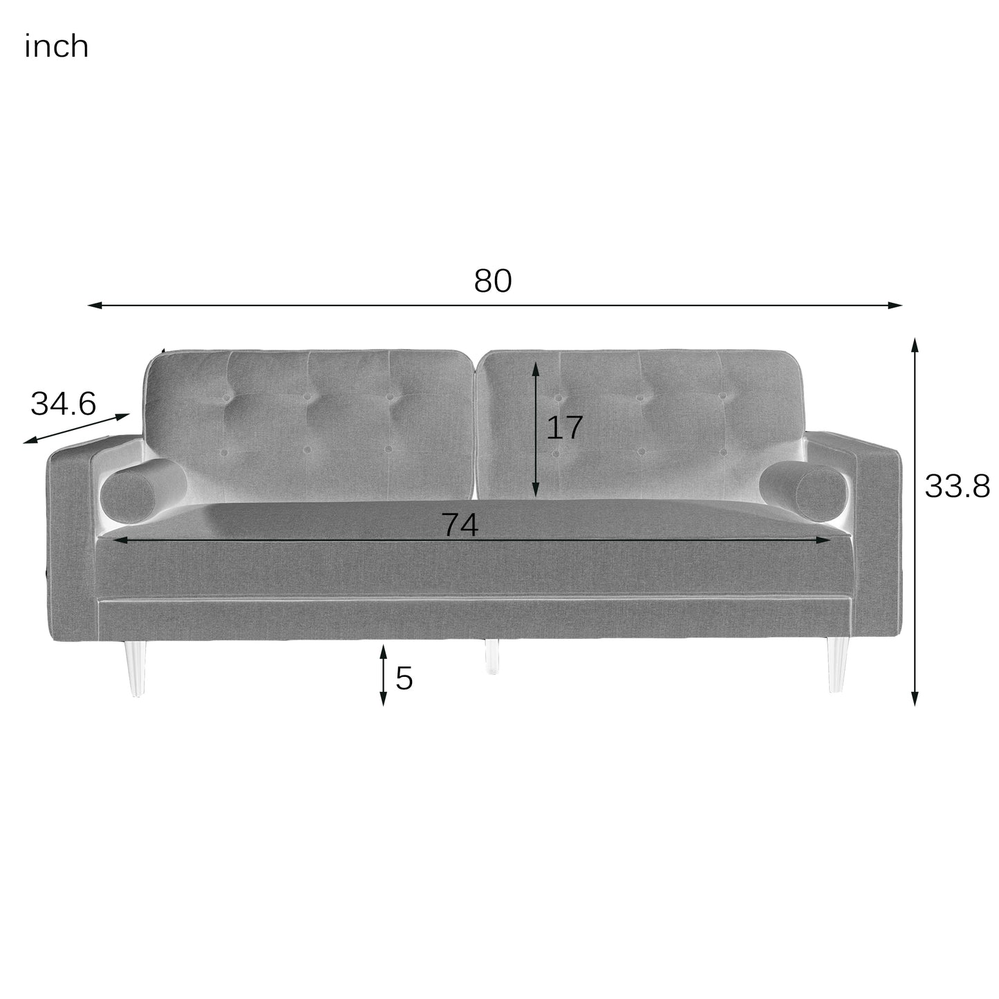 80" Wide Upholstered Sofa with Modern Fabric Sofa and Square Armrest