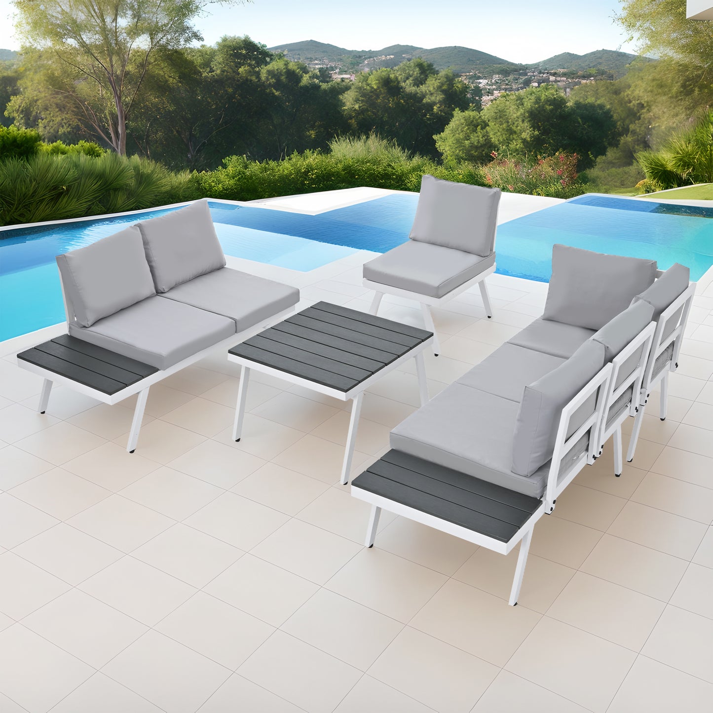 TOPMAX Industrial 5-Piece Aluminum Outdoor Patio Furniture Set, Modern Garden Sectional Sofa Set with End Tables, Coffee Table and Furniture Clips for Backyard, White+Grey