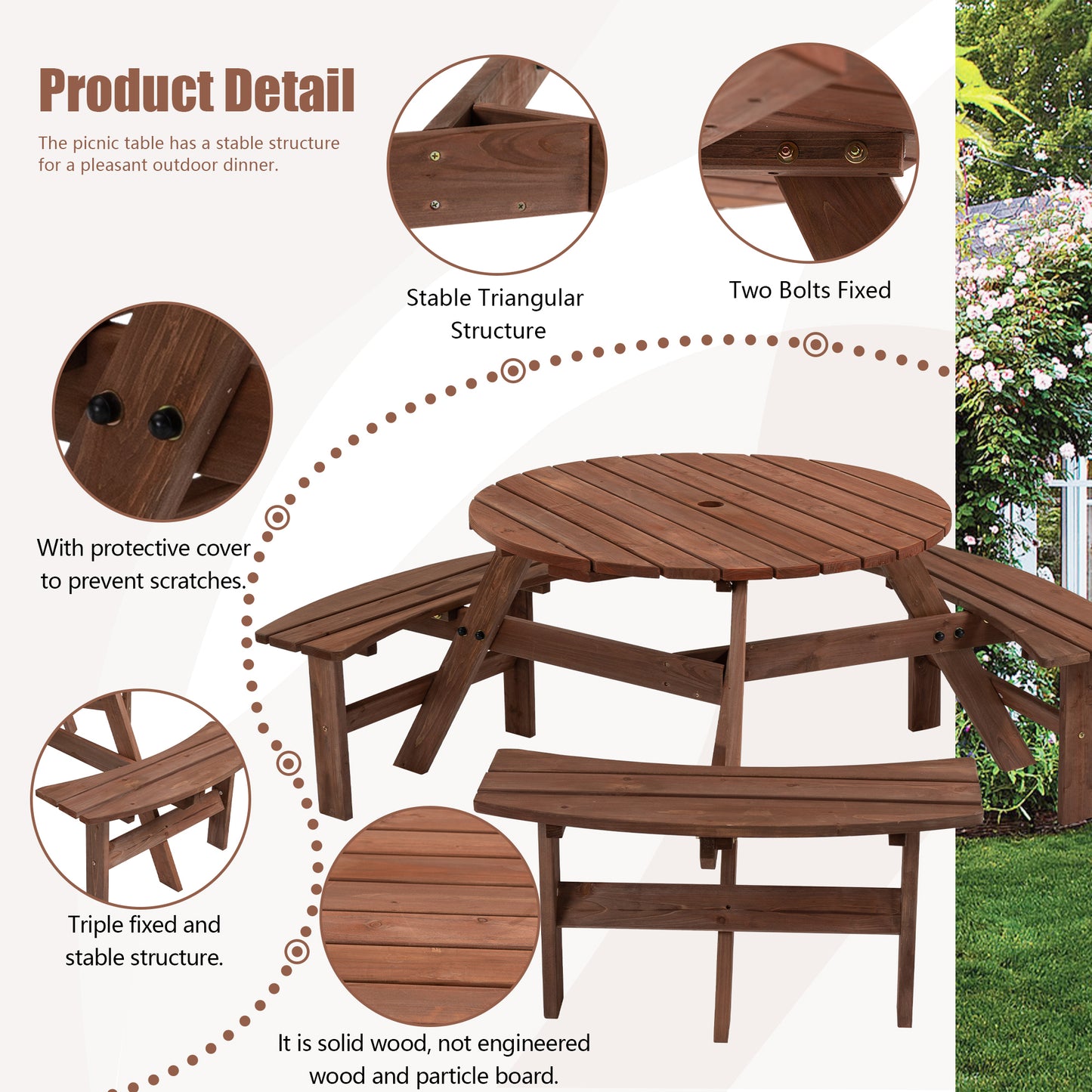 6 Person Circular Outdoor Wooden Picnic Table w/ 3 Built-in Benches for Patio