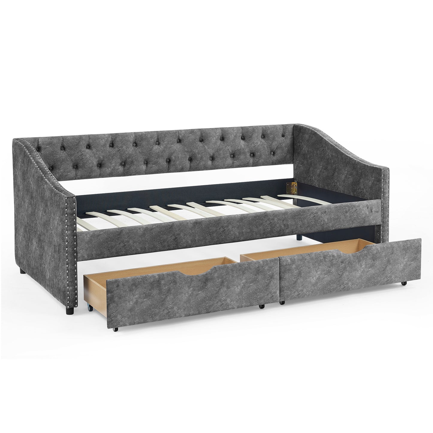 Twin Size Daybed with Drawers Upholstered Tufted Sofa Bed, with Button on Back and Copper Nail on Waved Shape Arms, Grey  (81.5''x4''x30.5'')