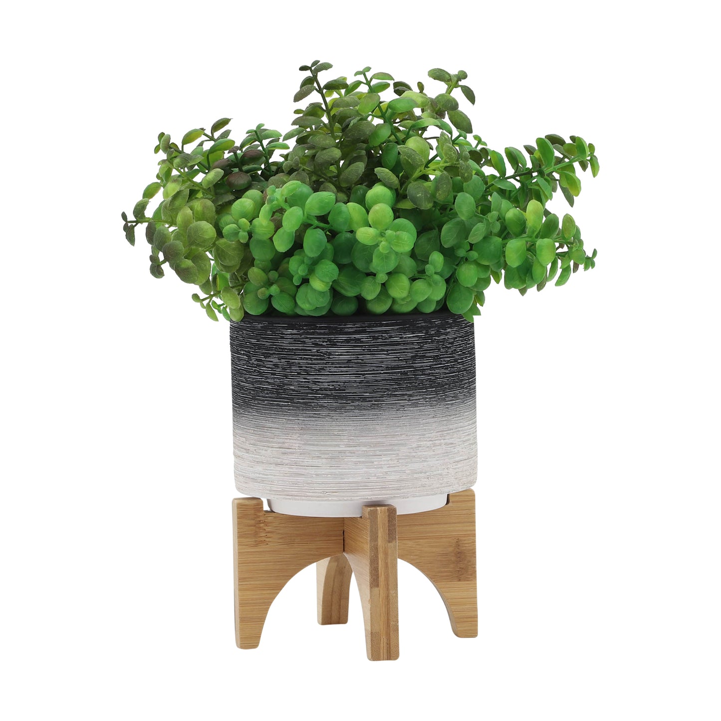 CERAMIC 5" PLANTER ON WOODEN STAND, GRAY