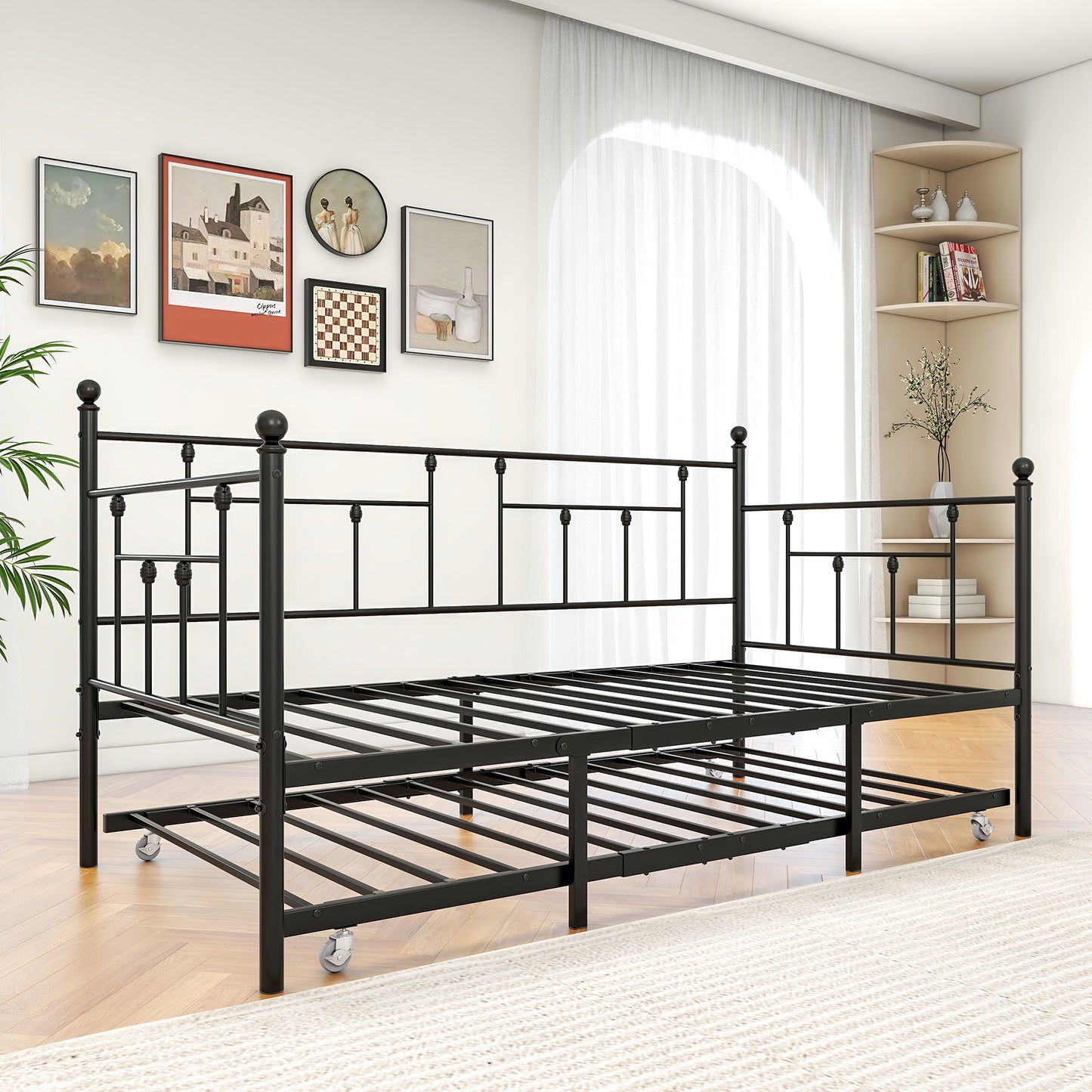 Metal Daybed Frame Twin Size Platform with trundle , No Box Spring Needed Black