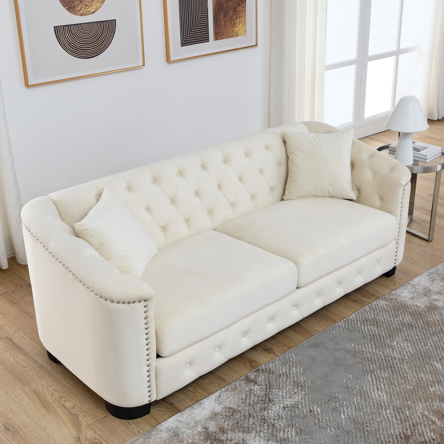 77" Modern Chesterfield Velvet Sofa with Nailhead Arms and 2 Cushions for Living Room