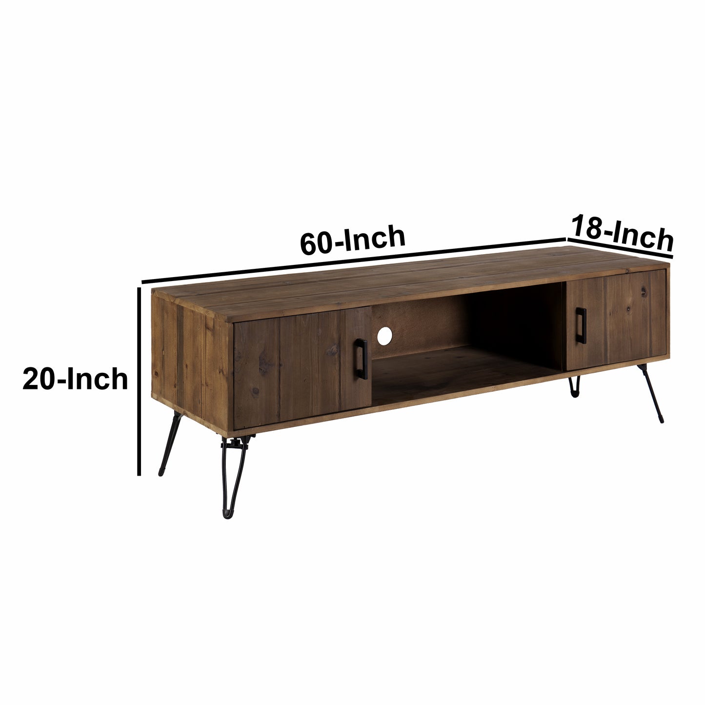 Clive 60 Inch Reclaimed Wood Rectangle Farmhouse TV Stand Media Console, 2 Doors, Iron Legs, Natural Brown