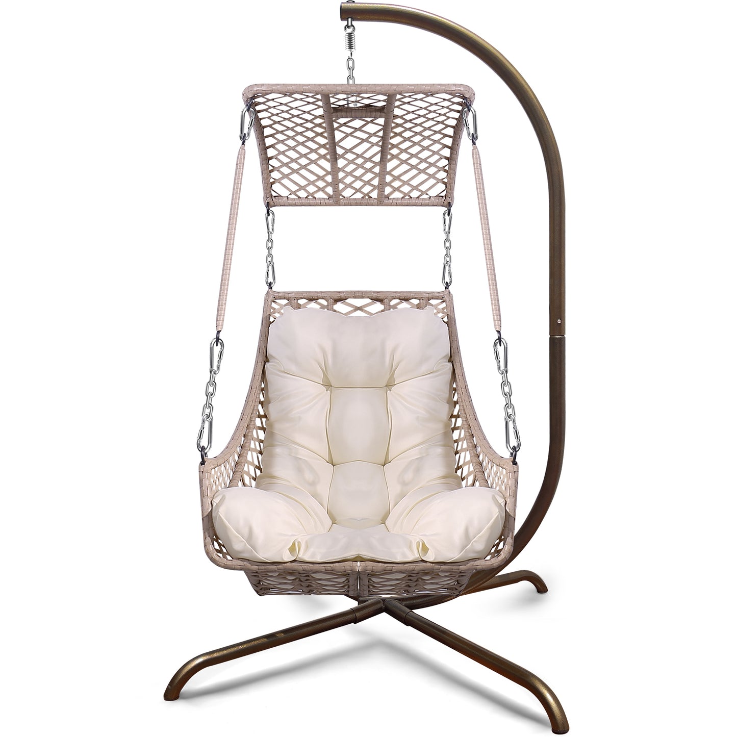 Swing Egg Chair with Stand Indoor Outdoor, UV Resistant Cushion Hanging Chair with Cup Holder, Anti-Rust with Wicker Rattan Frame 350lbs Capacity Hammock Chair for Patio Bedroom-Beige, New Design