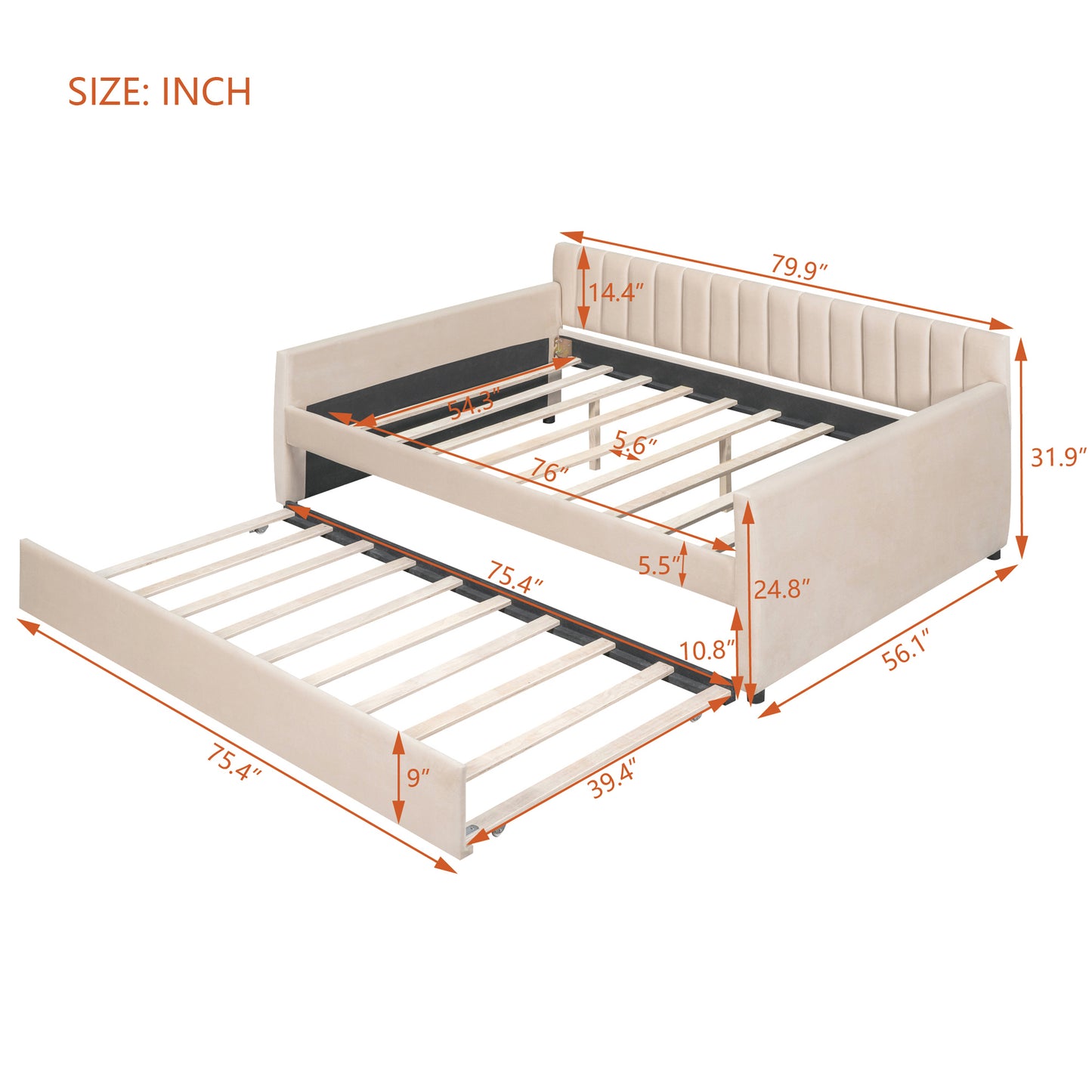 Full Size Upholstered daybed with Trundle and Wood Slat Support, Beige