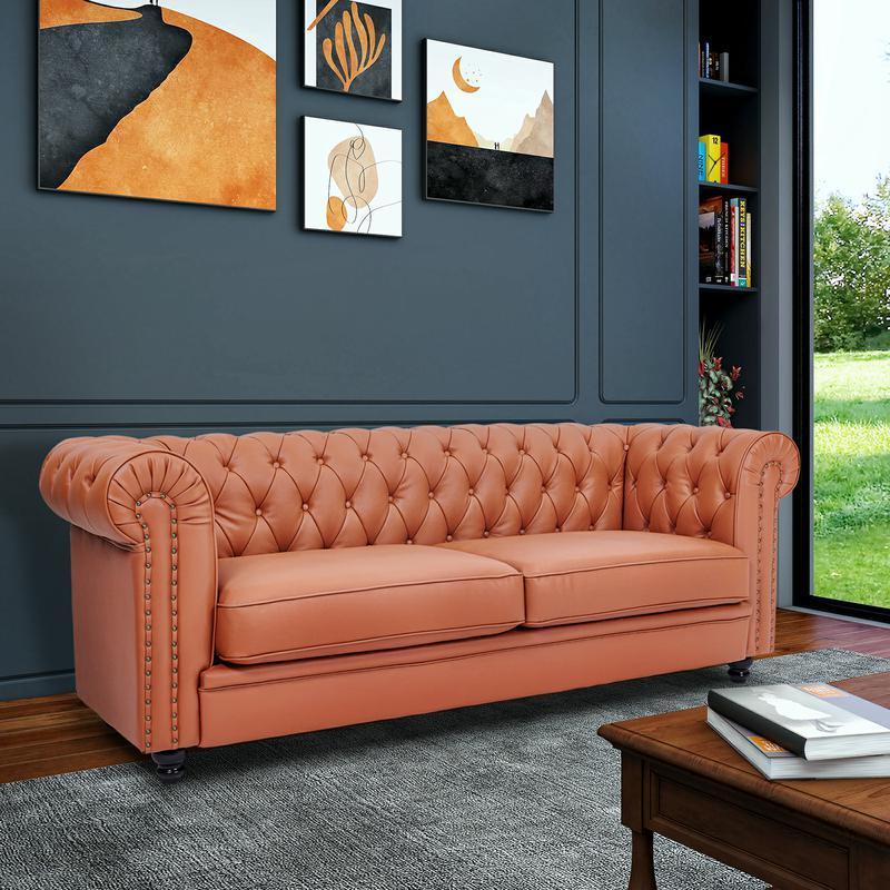 classic sofa 3-seat genuine leather solid wood oak feet