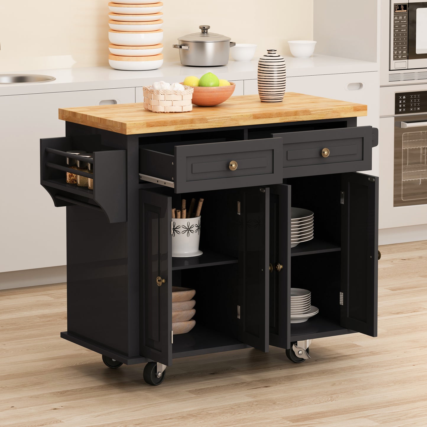 Kitchen Island Cart with Two Storage Cabinets and Two Locking Wheels，43.31 Inch Width，4 Door Cabinet and Two Drawers，Spice Rack, Towel Rack （Black)