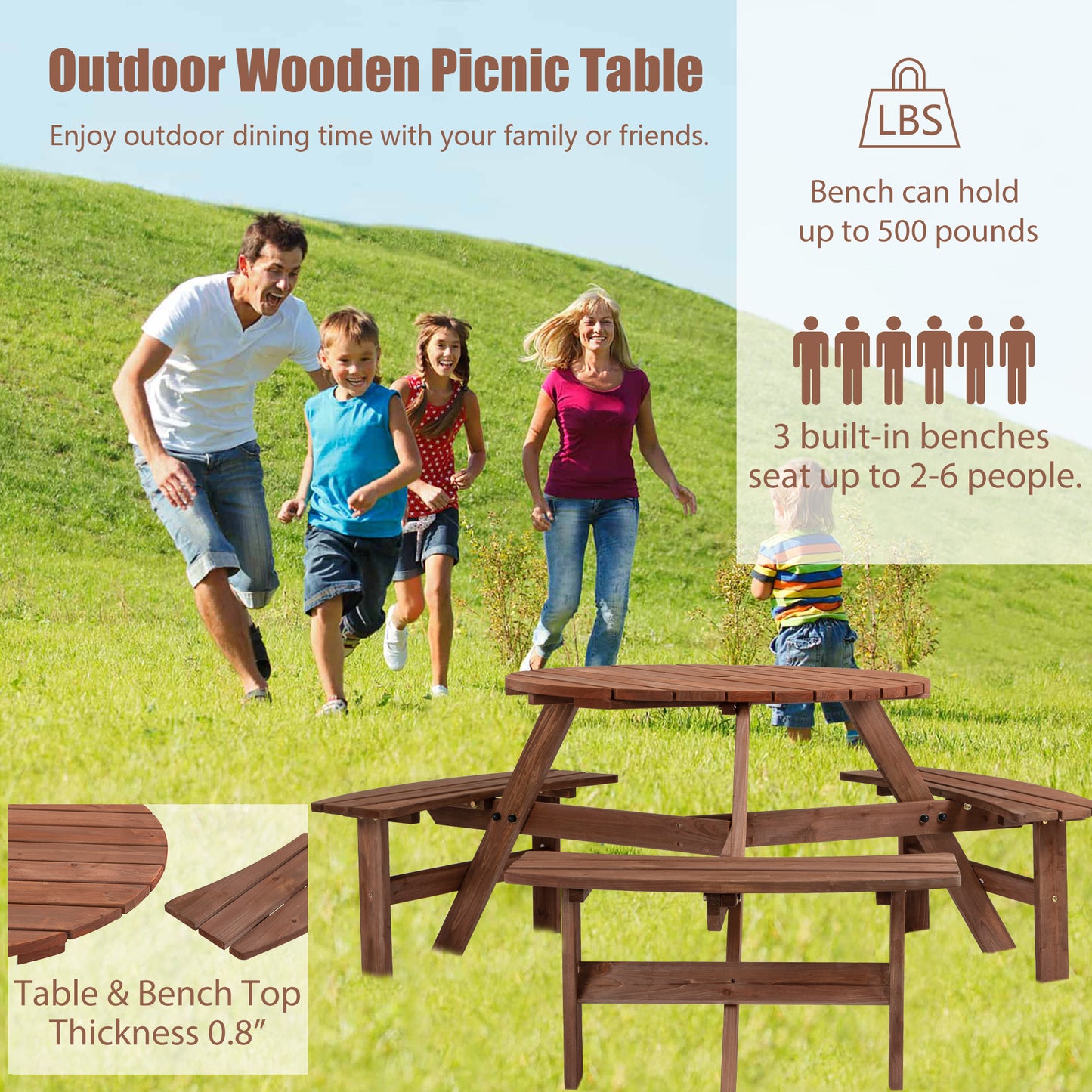 6 Person Circular Outdoor Wooden Picnic Table w/ 3 Built-in Benches for Patio