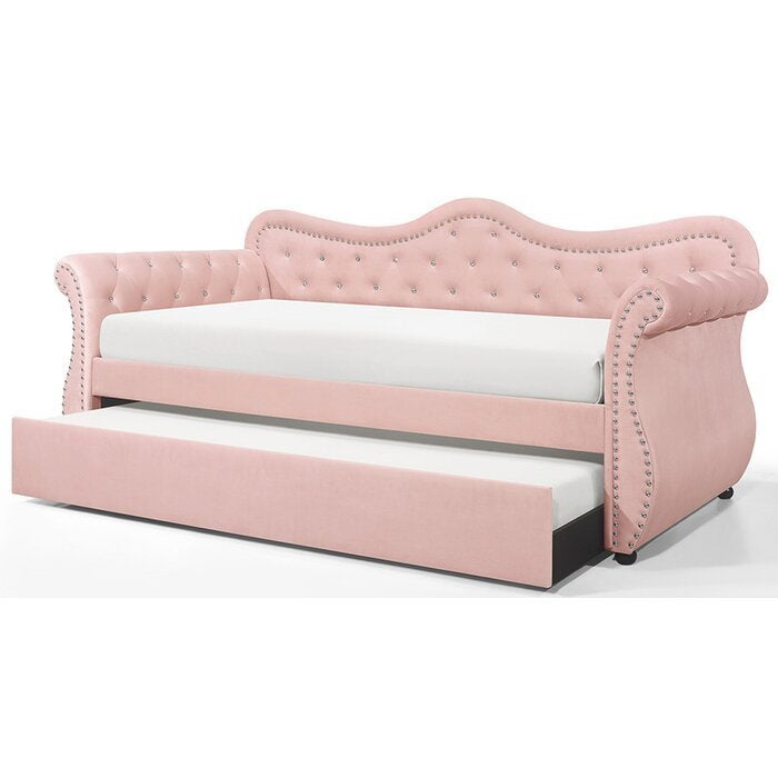 Galaxy Home Abby Upholstered Velvet Wood Daybed with Trundle in Pink