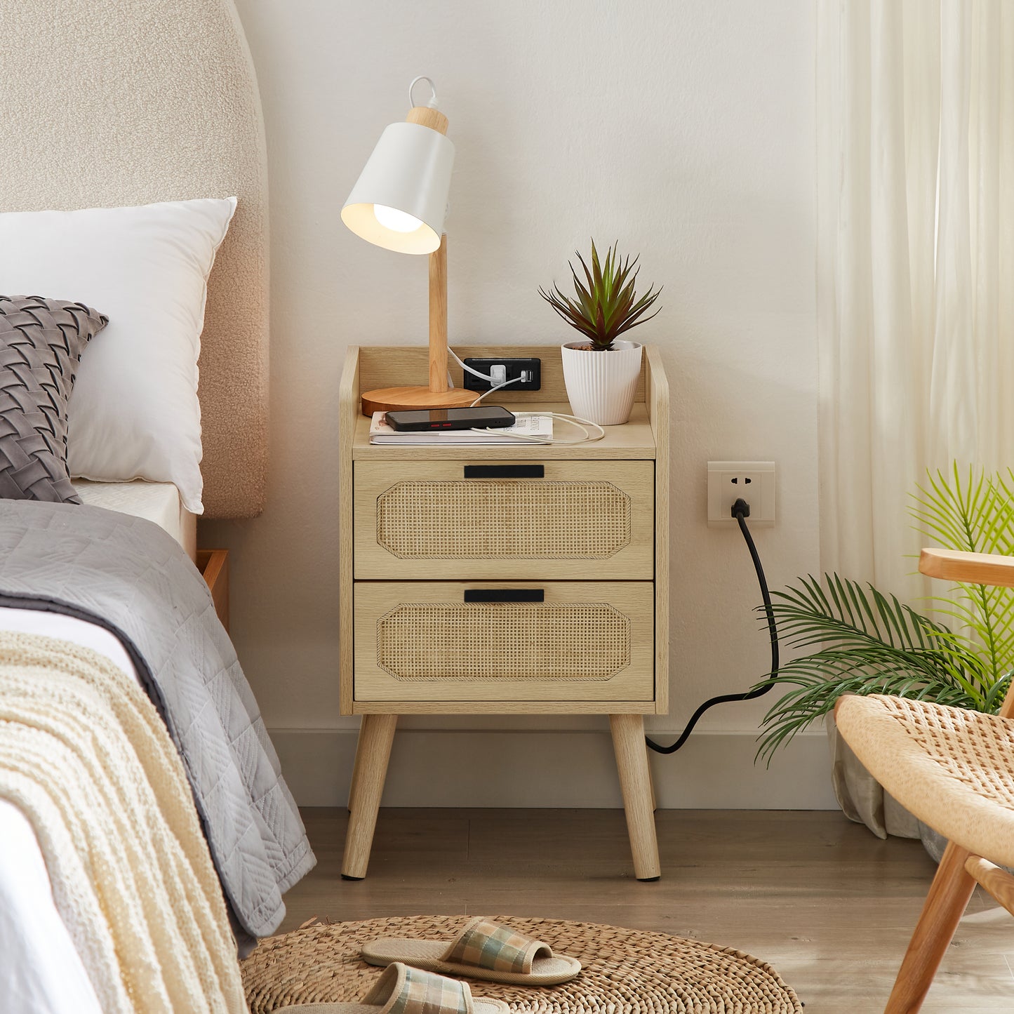 Natural and Handmade Rattan Nightstand with Socket Side Table