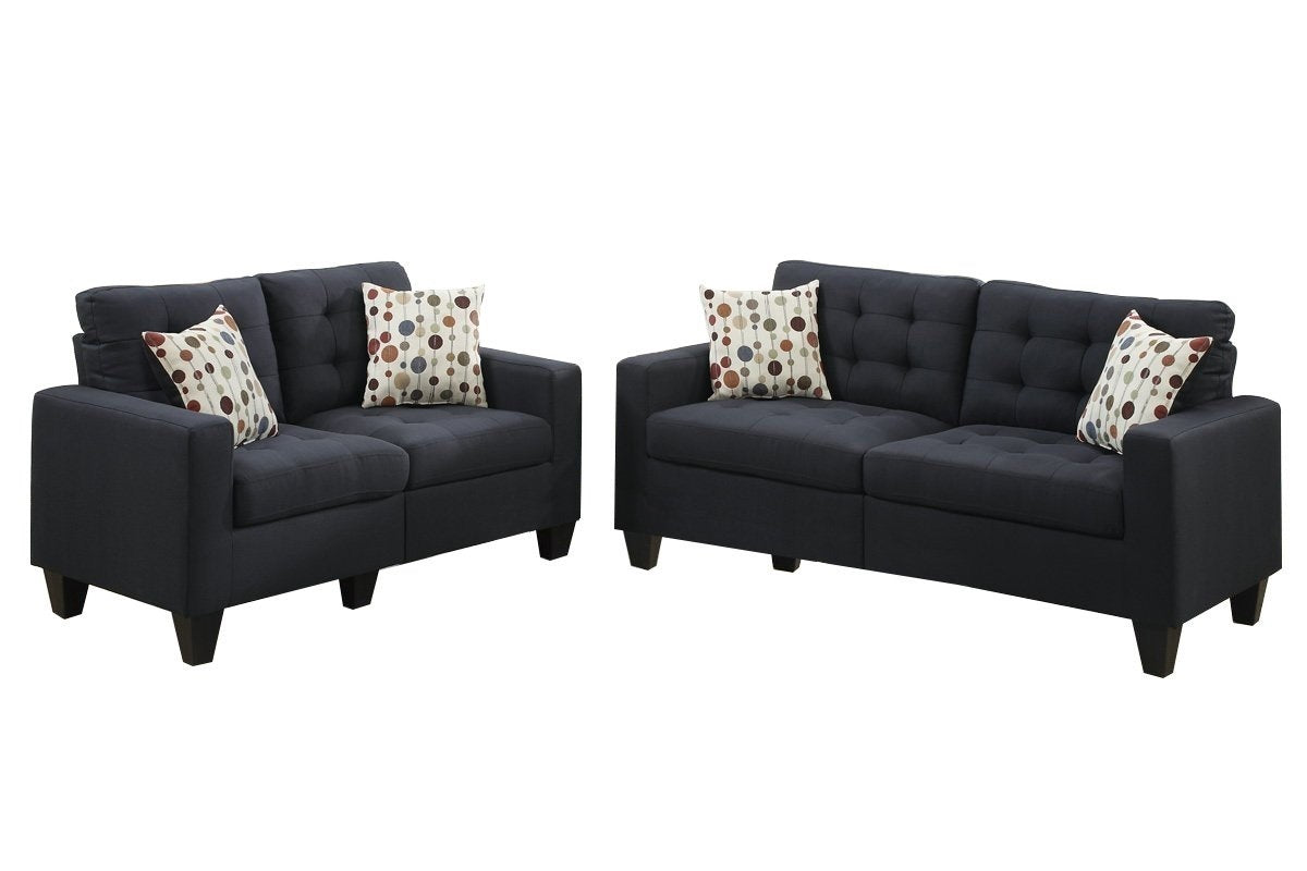 Living Room Furniture 2pc Sofa Set Black Polyfiber Tufted Sofa Loveseat w Pillows Cushion Couch Solid pine