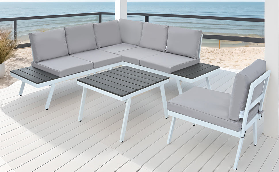 TOPMAX Industrial 5-Piece Aluminum Outdoor Patio Furniture Set, Modern Garden Sectional Sofa Set with End Tables, Coffee Table and Furniture Clips for Backyard, White+Grey