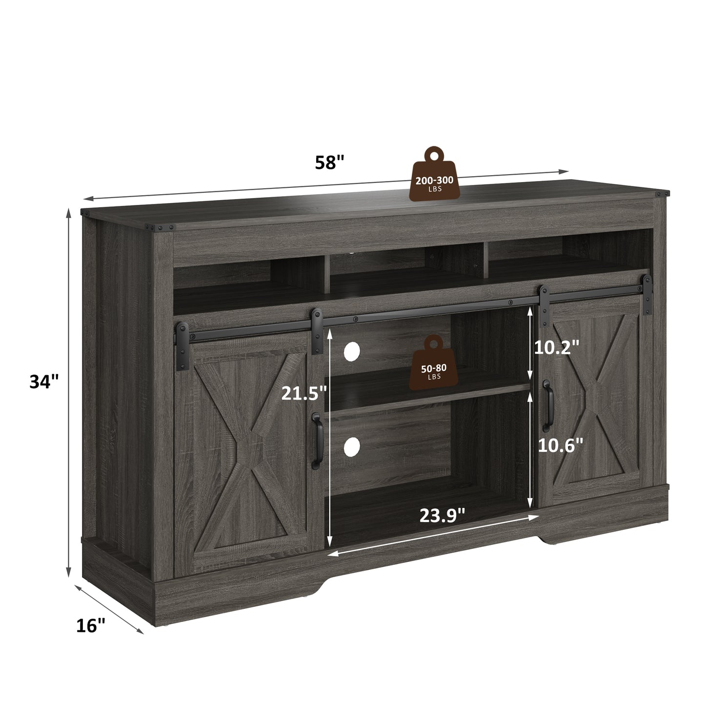 58" Farmhouse Double-Door Three-Layer TV Cabinet in Dark Gray