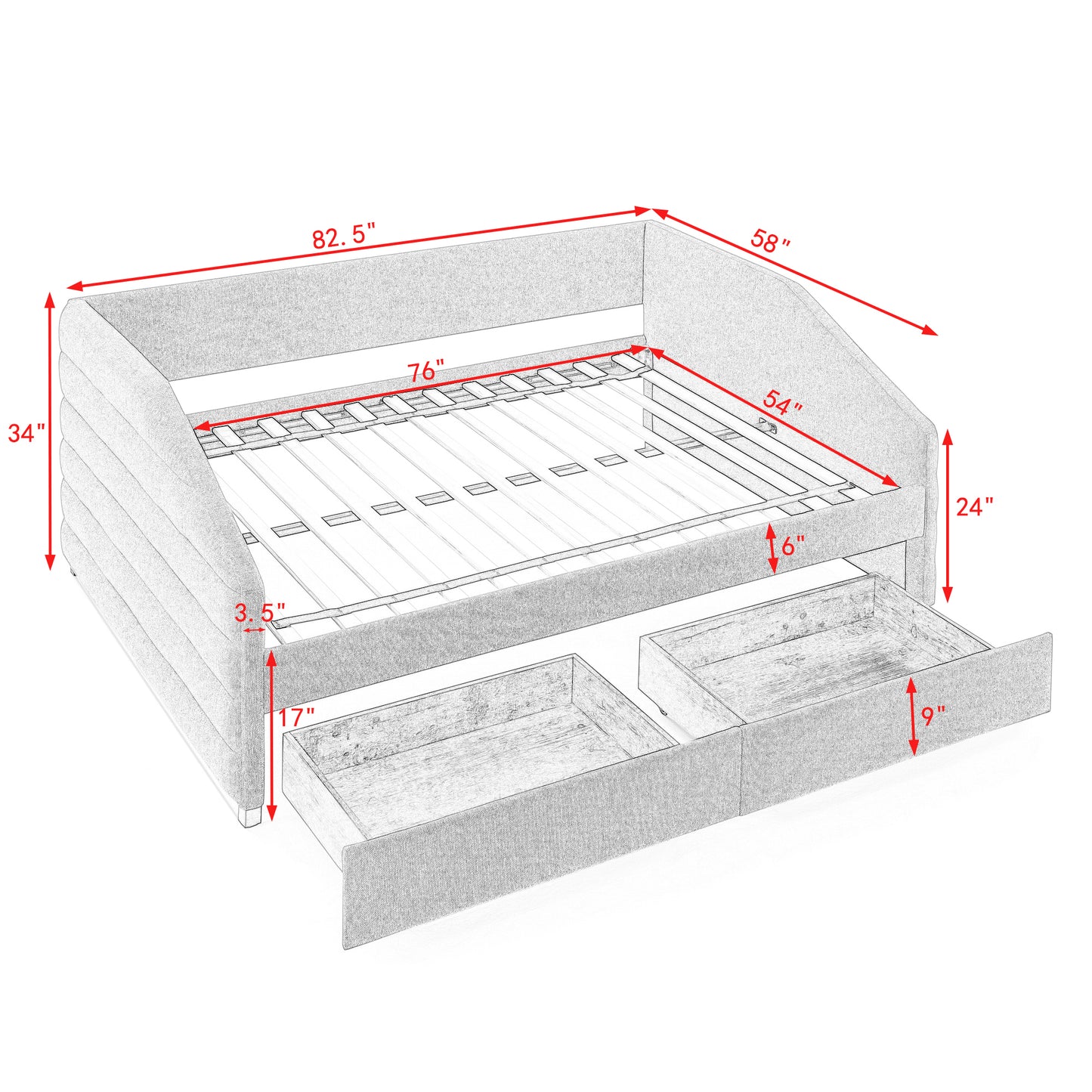 Daybed with Two Drawers Trundle Upholstered - Full