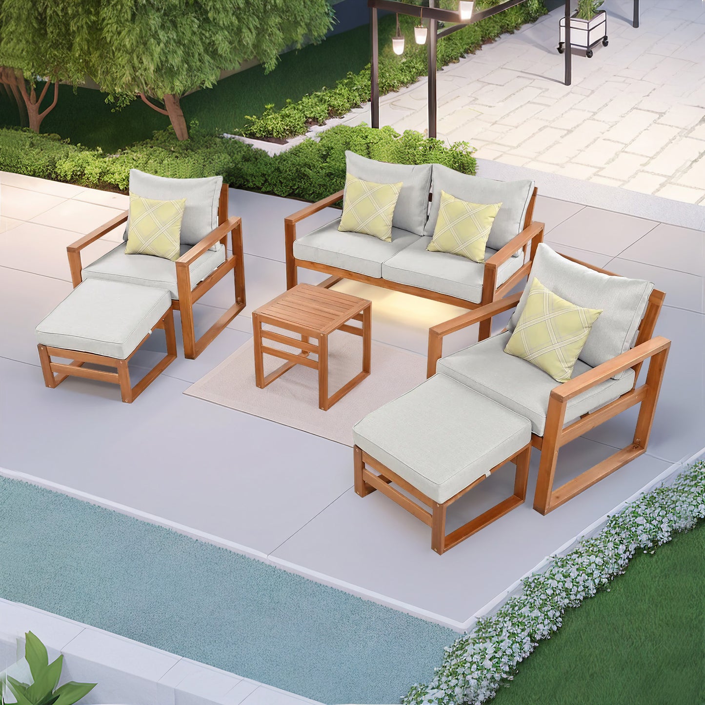 TOPMAX Outdoor Patio Wood 6-Piece Conversation Set, Sectional Garden Seating Groups Chat Set with Ottomans and Cushions for Backyard, Poolside, Balcony, Grey