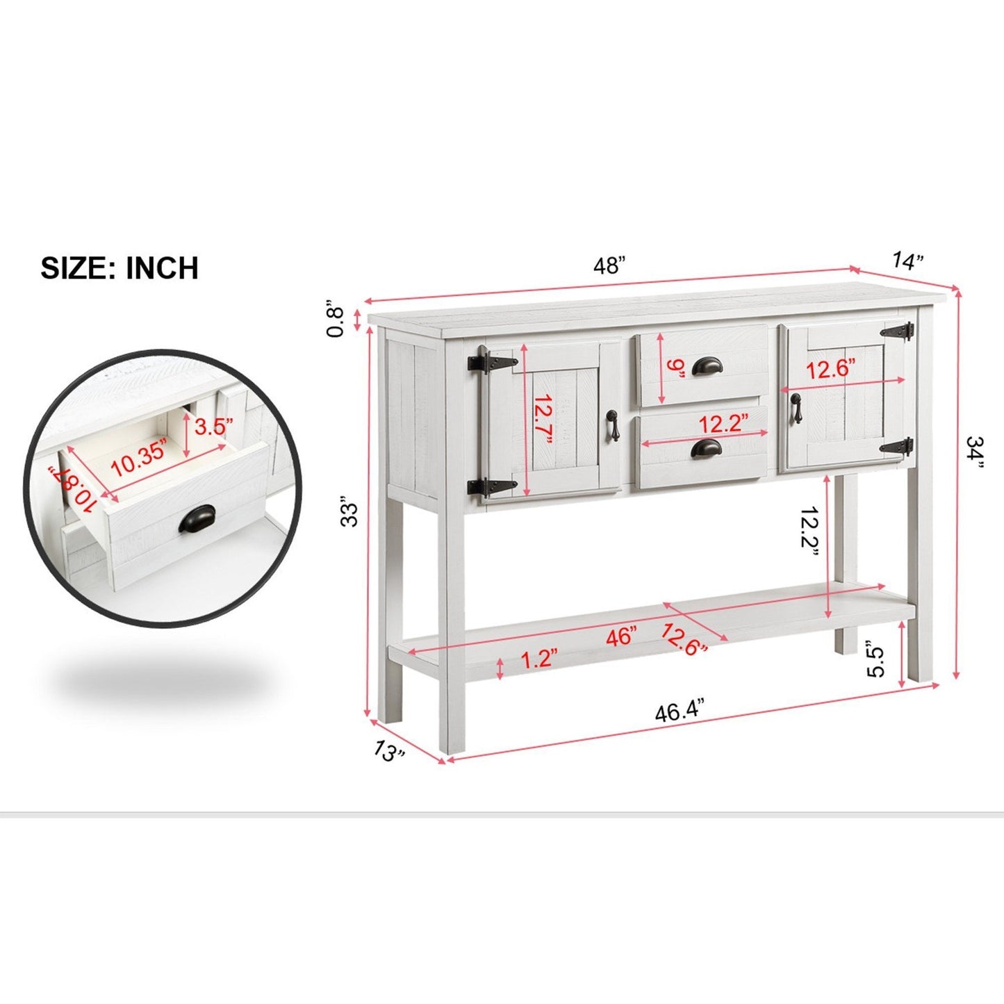 48'' Solid Wood Sideboard Console Table with 2 Drawers and Cabinets and Bottom Shelf for Living Room and Kitchen Dining